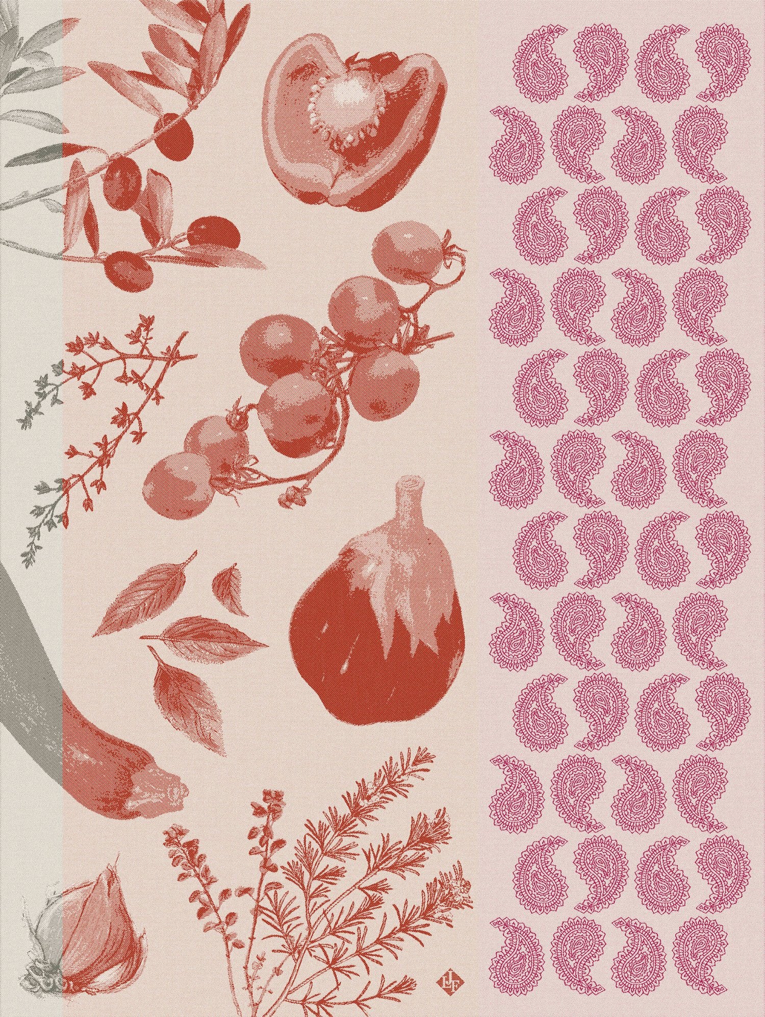 Jacquard Francais "Soleil a Table" (Tomate), Woven cotton tea towel. Made in France.