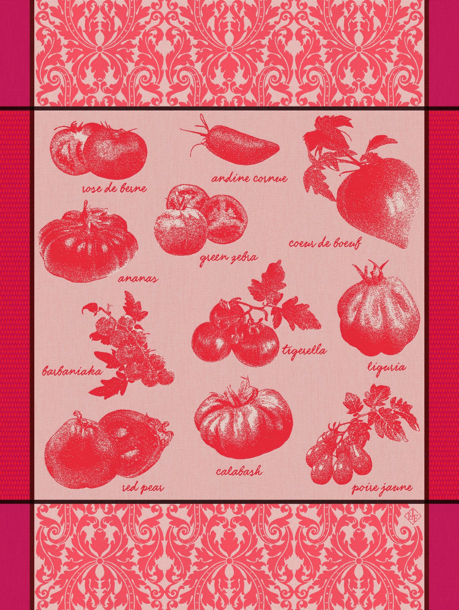 Jacquard Francais "Tomatoes" (Red), Woven cotton tea towel. Made in France