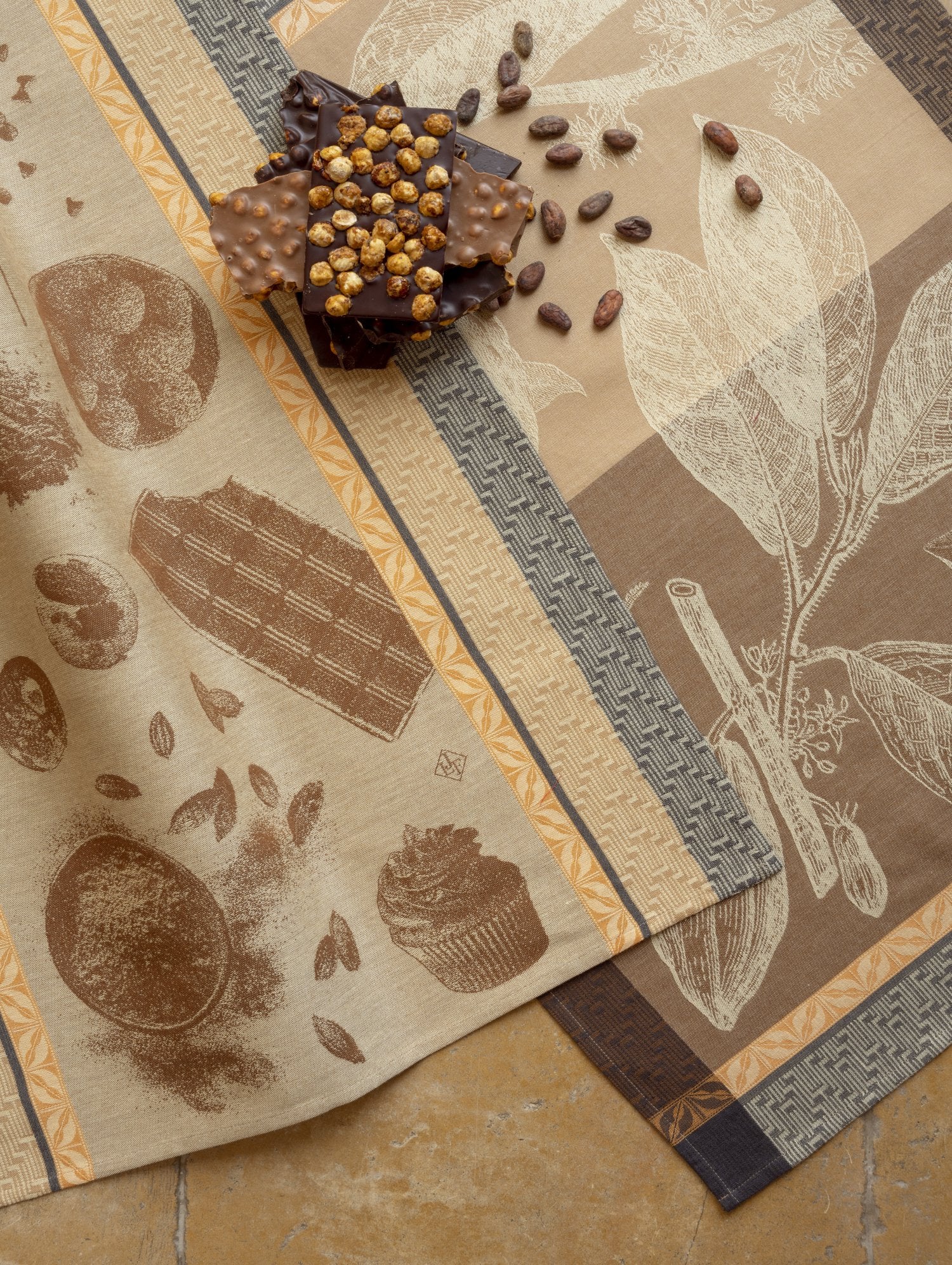 Jacquard Francais "Chocolates - Recettes" (Brown), Woven cotton tea towel. Made in France.