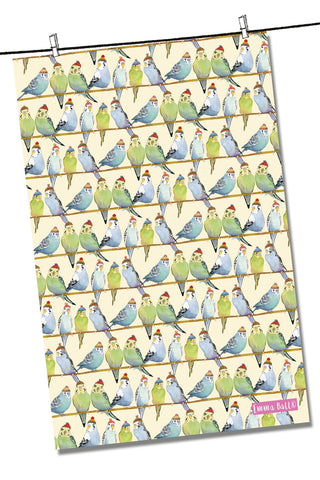 Emma Ball "Budgies in Beanies", Pure cotton tea towel. Printed in the UK. - Home Landing