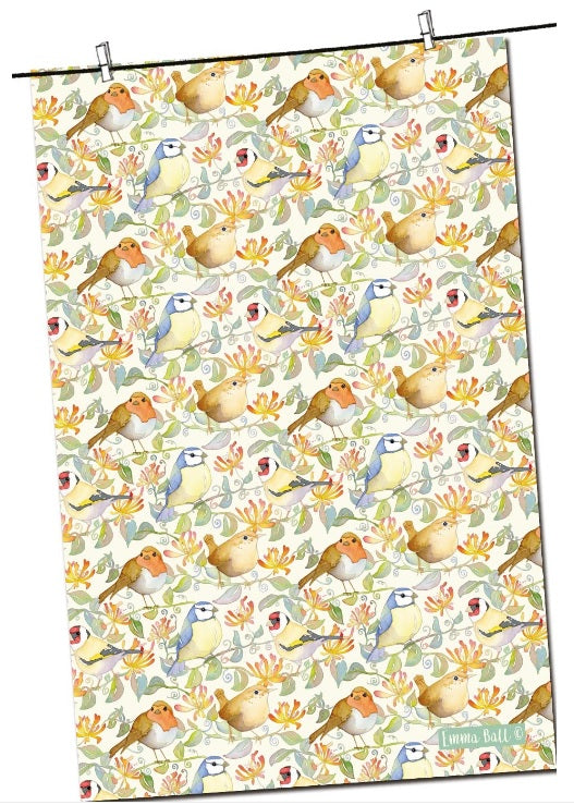 Emma Ball "Garden Bird & Honeysuckle", Pure cotton tea towel. Printed in the UK. - Home Landing