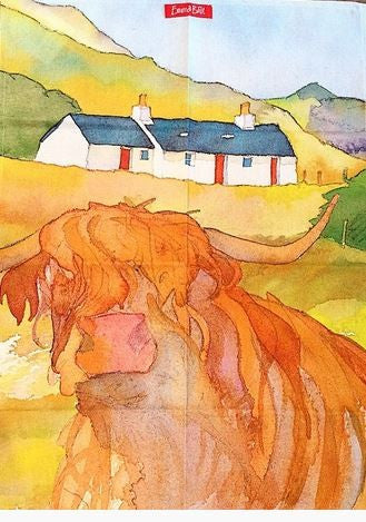 Emma Ball "Highland Coo", Pure cotton tea towel. Printed in the UK. - Home Landing