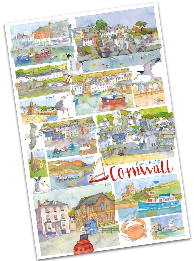 Emma Ball "Cornwall", Pure cotton tea towel. UK printed.