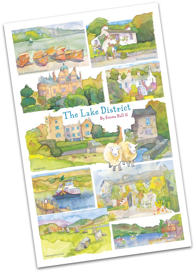 Emma Ball "Lake District", Pure cotton tea towel. UK printed.