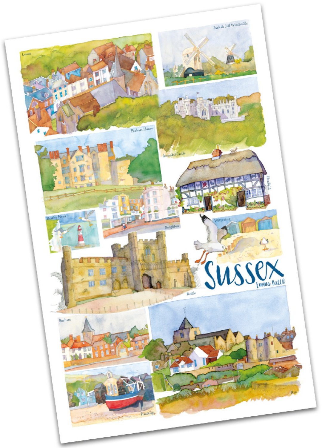 Emma Ball "Sussex", Pure cotton tea towel.