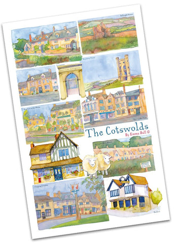 Emma Ball "Cotswolds", Pure cotton tea towel. UK printed.