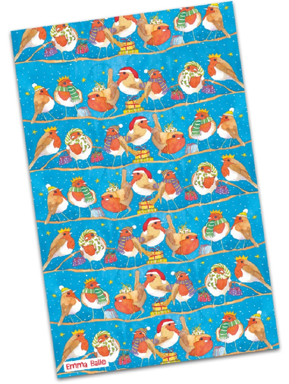 Emma Ball "Christmas Robins", Pure cotton tea towel. Printed in the UK.