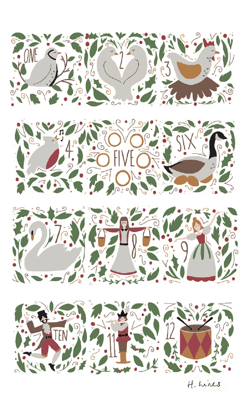Home-Landing, “12 Days of Christmas”, Linen union tea towel. UK printed.