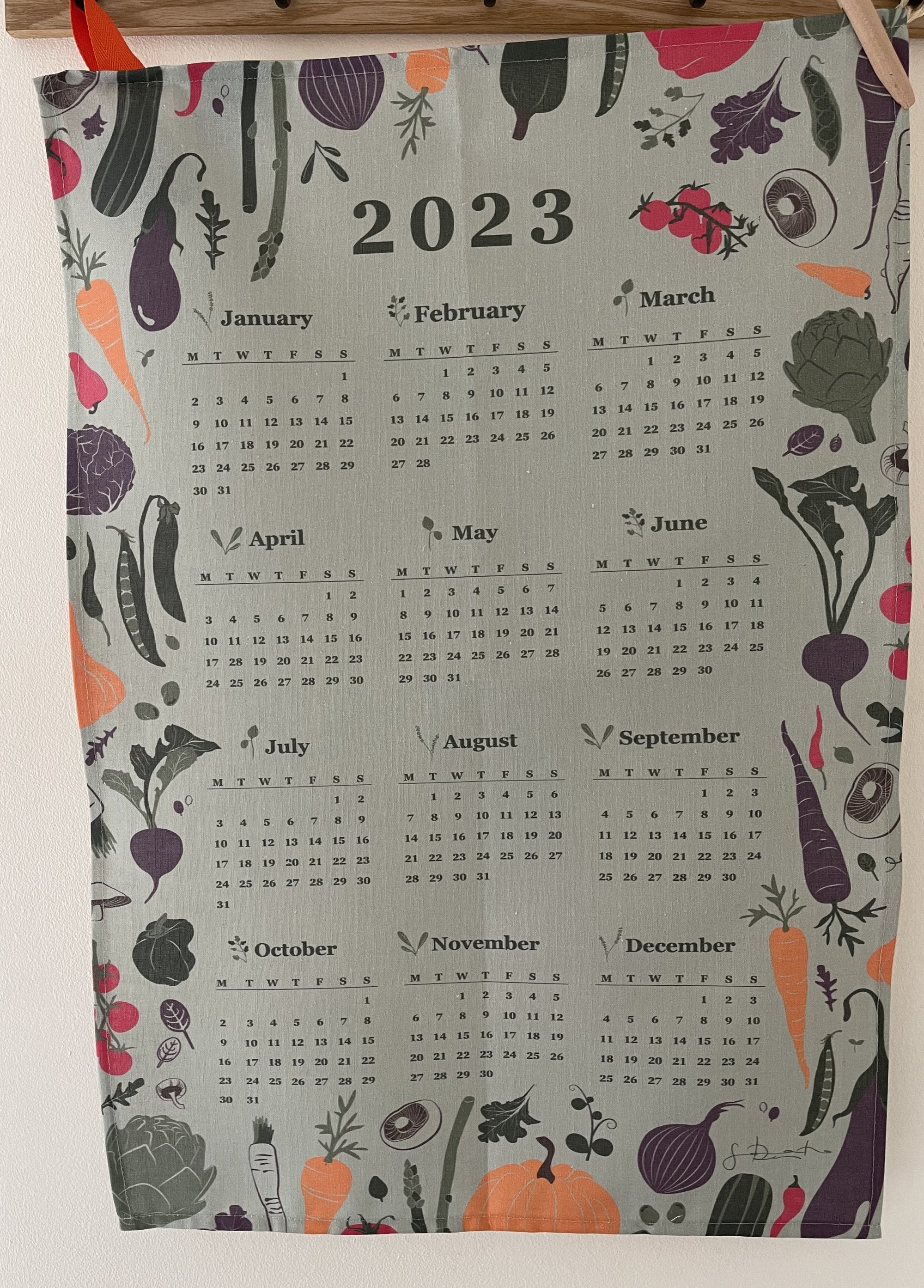 Home-Landing, “Garden Vegetables Calendar 2023”, Linen union tea towel. UK printed.