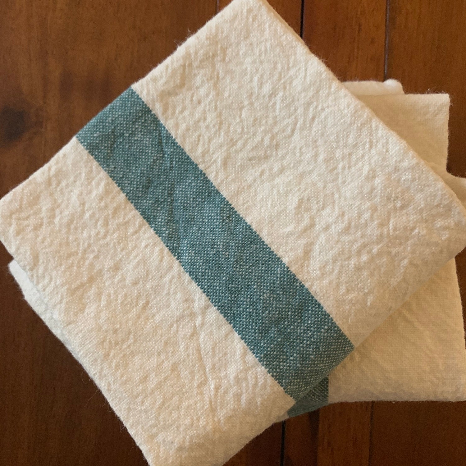 Charvet Éditions "Doudou Stripe" (White & Aqua), White woven linen tea towel. Made in France. - Home Landing