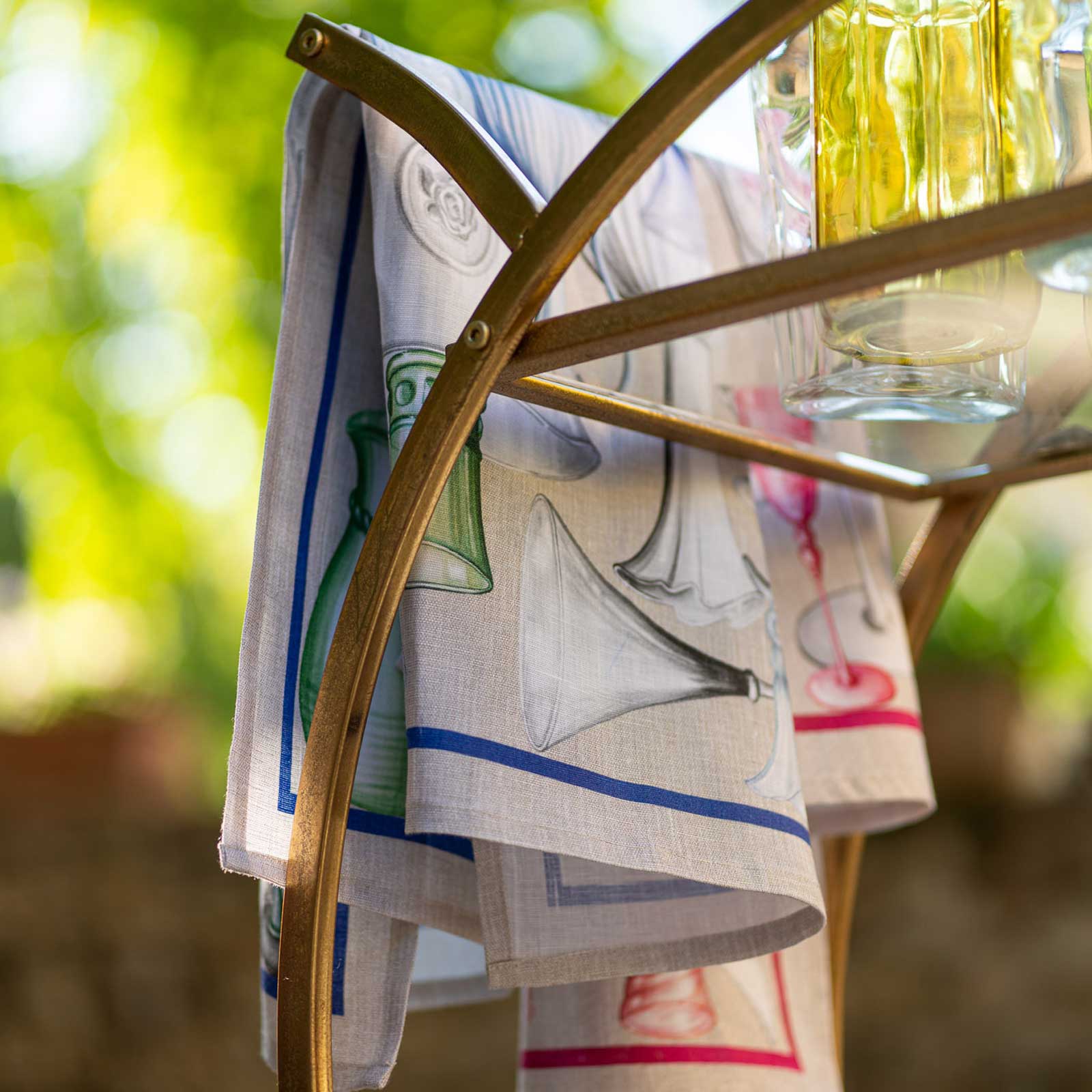 Tessitura Toscana Telerie, “Cheers -Blu”, Pure linen printed tea towel.