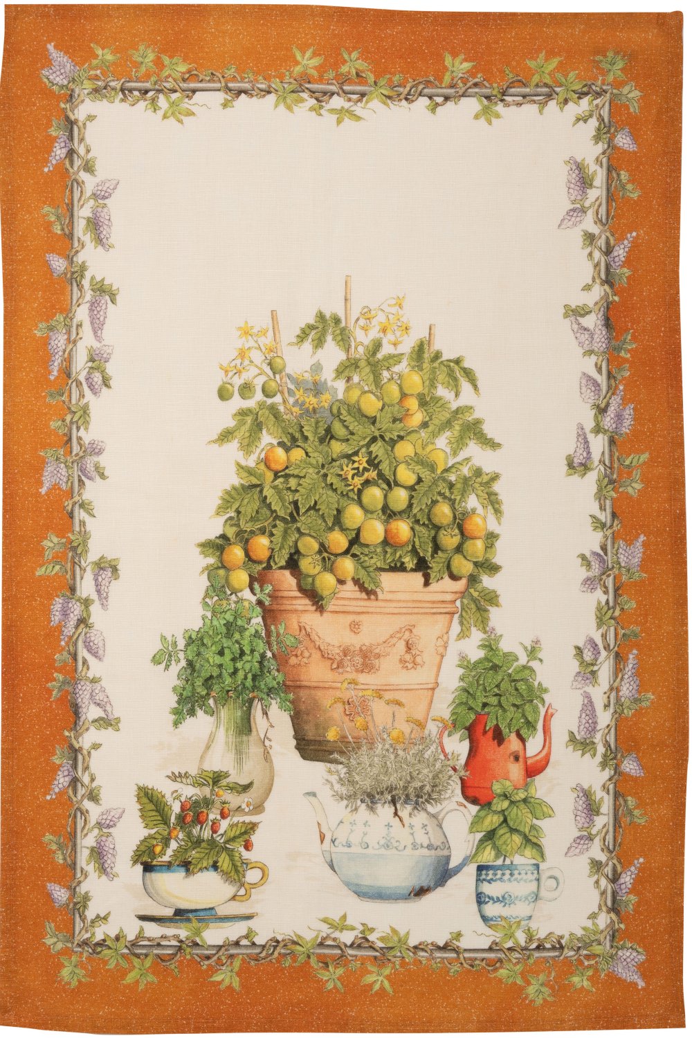 Tessitura Toscana Telerie, “Balcon Potager - Arancio”, Pure linen printed tea towel.