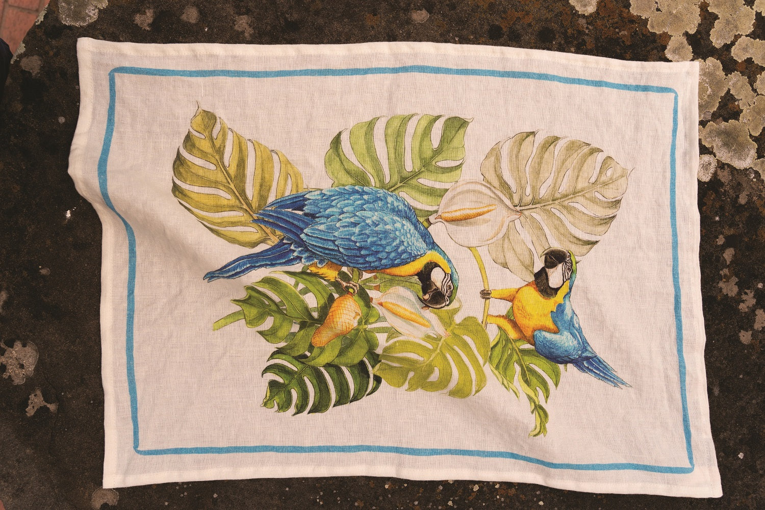 Tessitura Toscana Telerie, “Ara - Celeste”, Pure hemp printed tea towel.