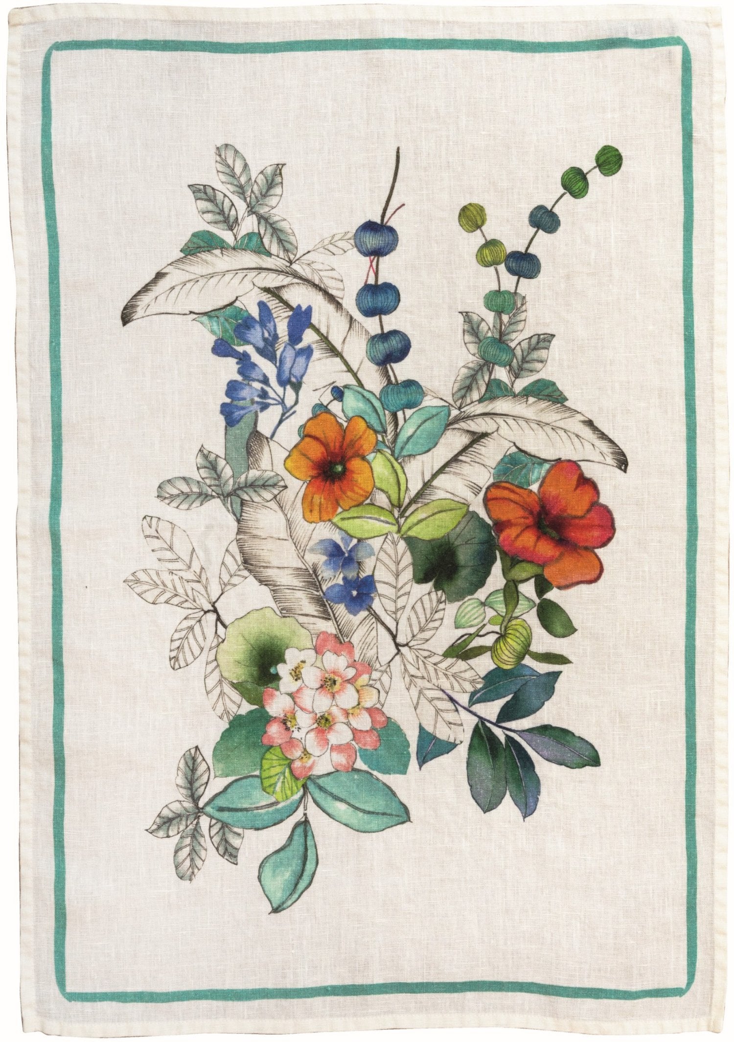 Tessitura Toscana Telerie, “Maui - Turchese”, Pure hemp printed tea towel.
