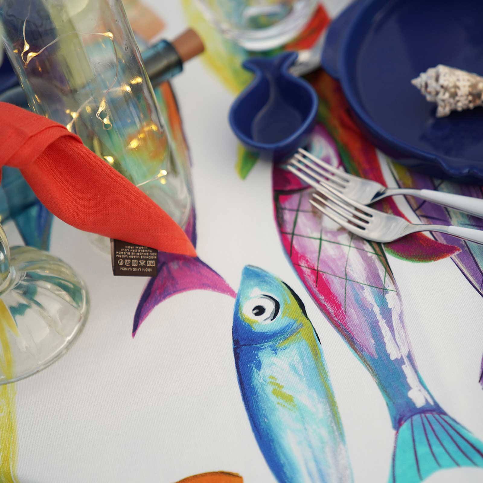 Tessitura Toscana Telerie, “Poisson Bleu”, Pure cotton printed tablecloth.