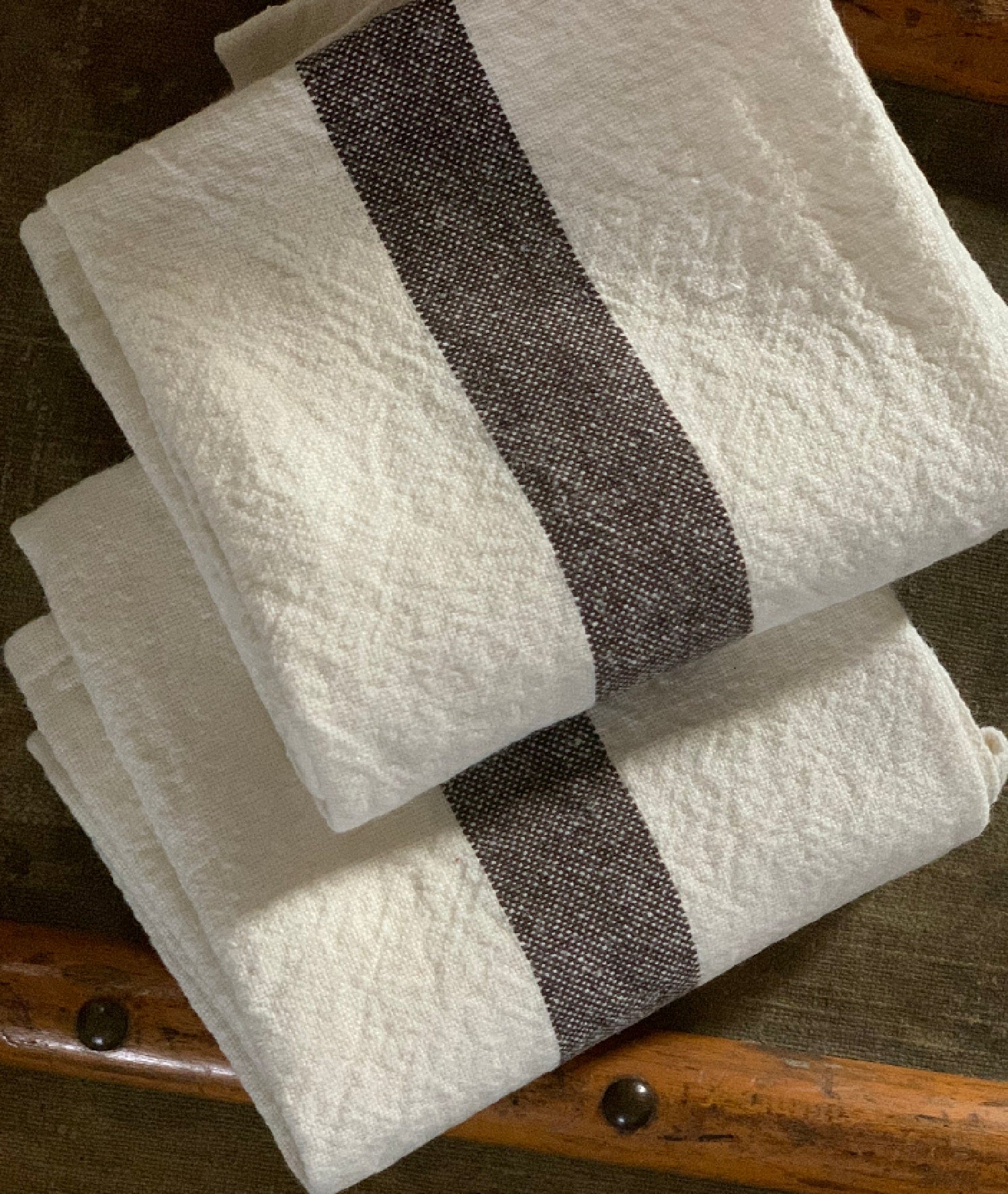 Charvet Editions "Doudou Stripe" (White & Marron), White woven linen tea towel. Made in France. - Home Landing
