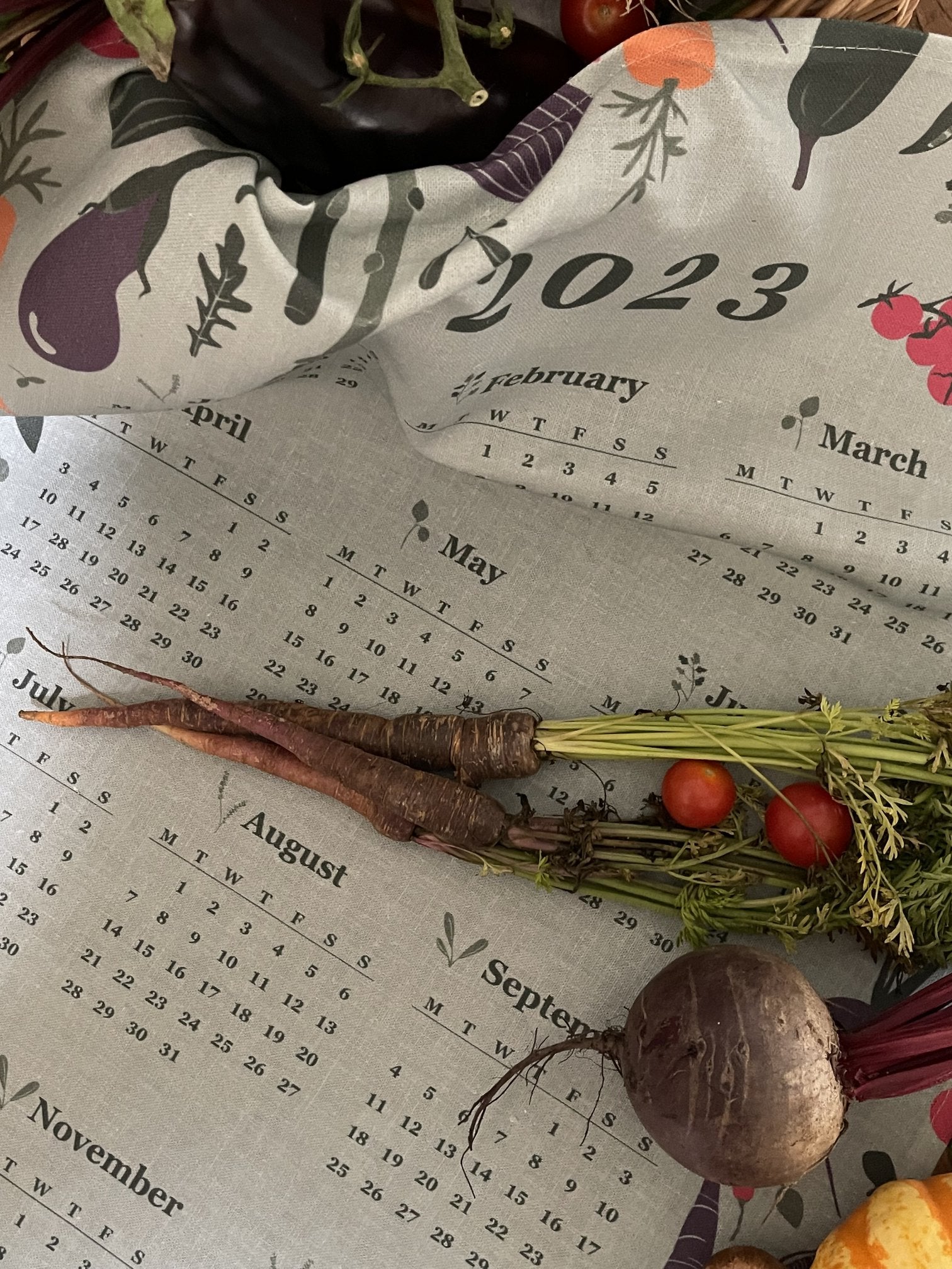 Home-Landing, “Garden Vegetables Calendar 2023”, Linen union tea towel. UK printed.