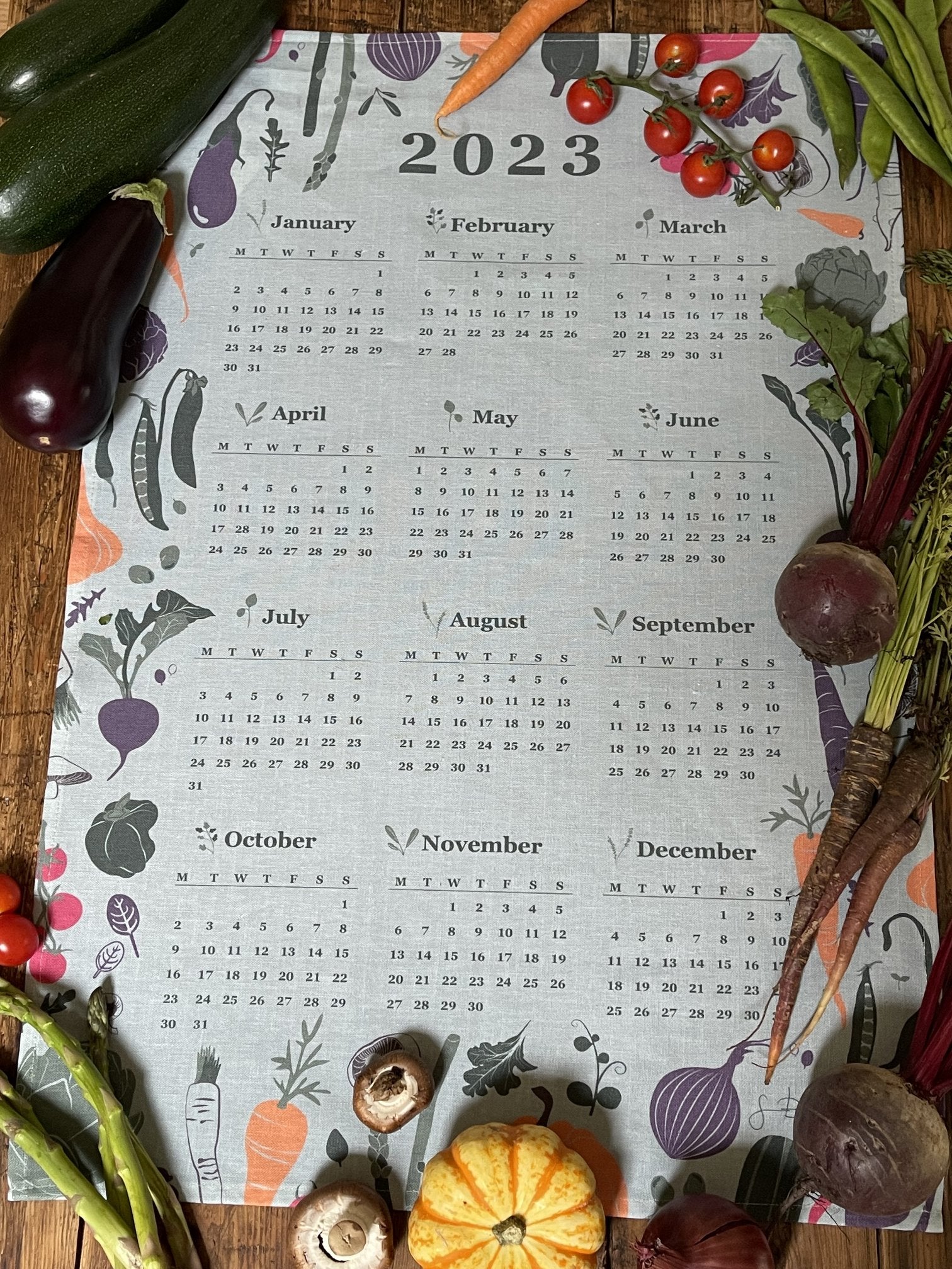 Home-Landing, “Garden Vegetables Calendar 2023”, Linen union tea towel. UK printed.