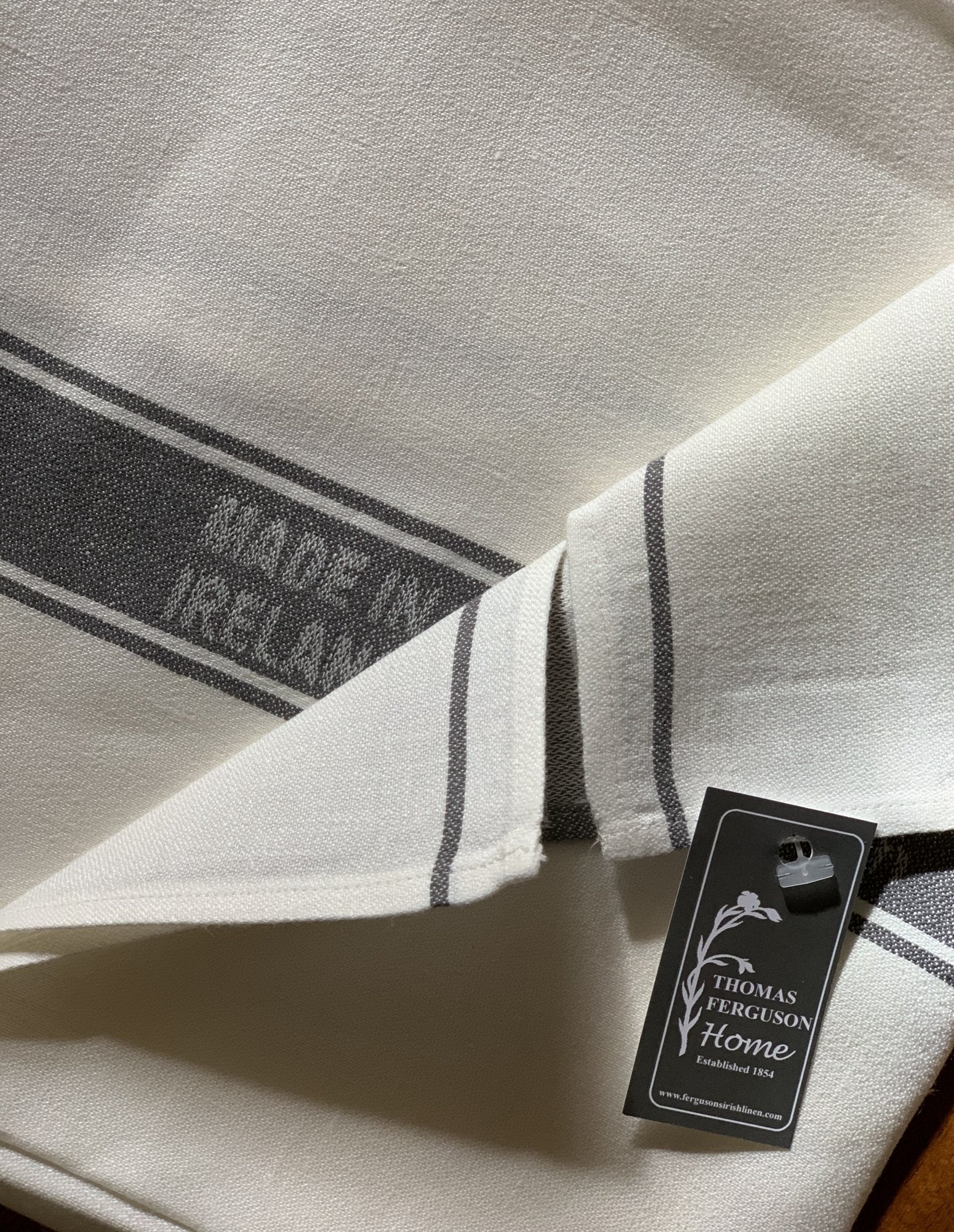 Thomas Ferguson Woven Irish Linen, Glass Cloth, “Quick Dryer”. Grey Stripe, Ireland.