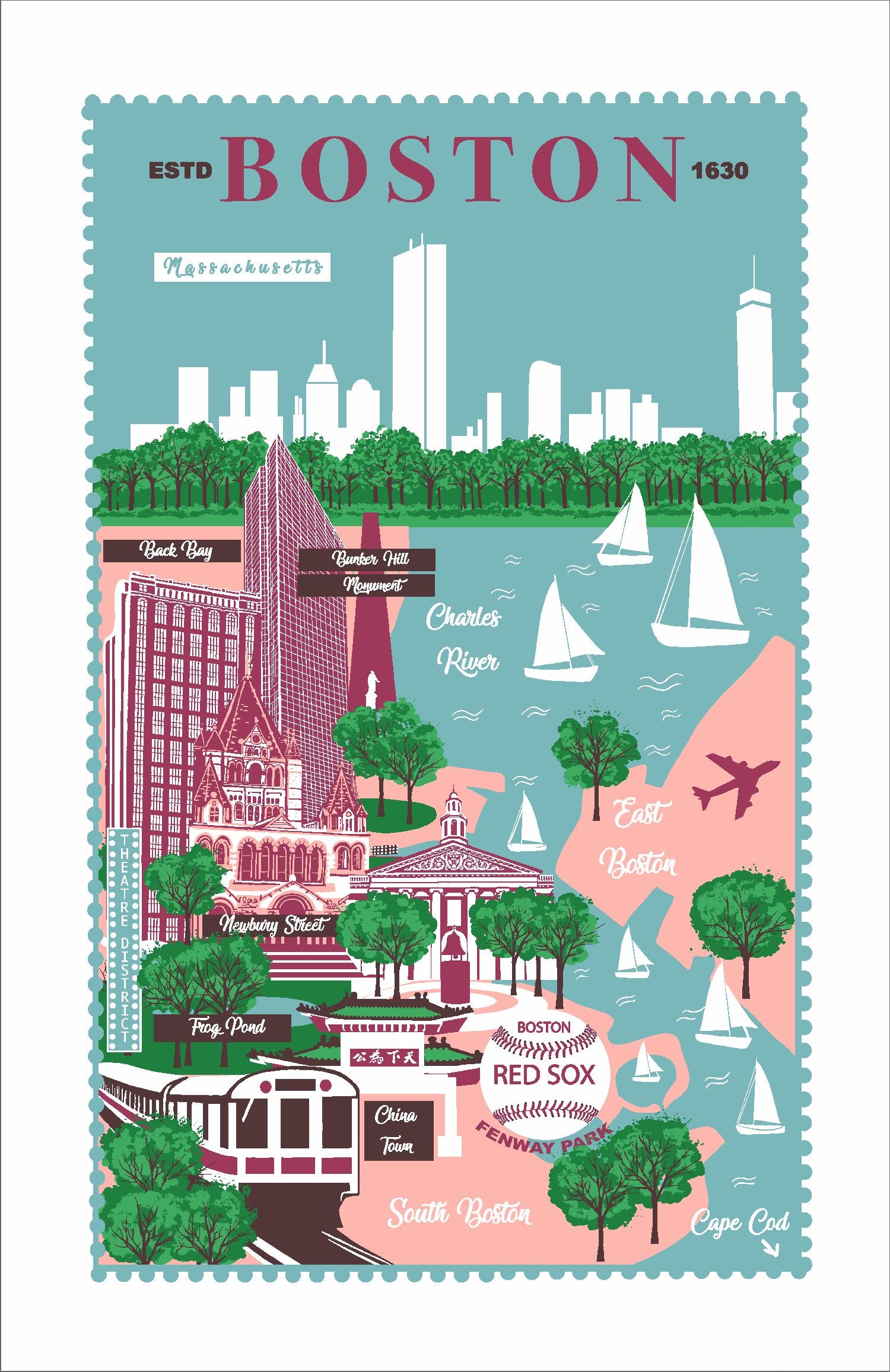 Ulster Weavers "Boston", Cotton tea towel. Printed in the UK.