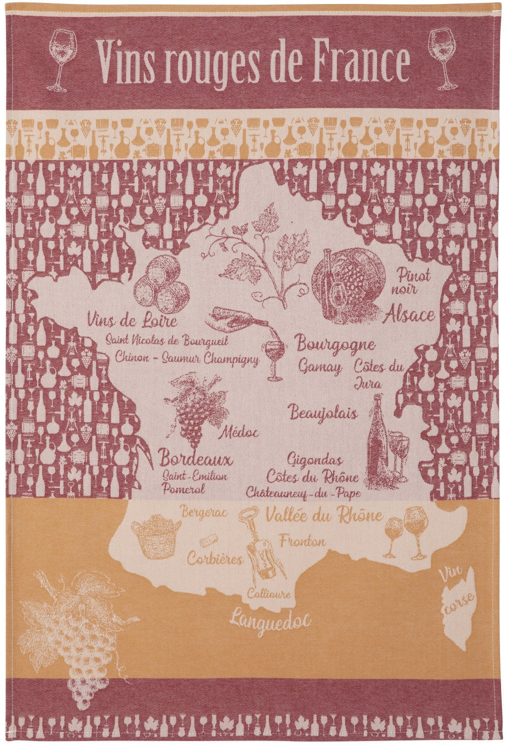 Coucke "Vins Rouges de France", Woven cotton tea towel. Designed in France.