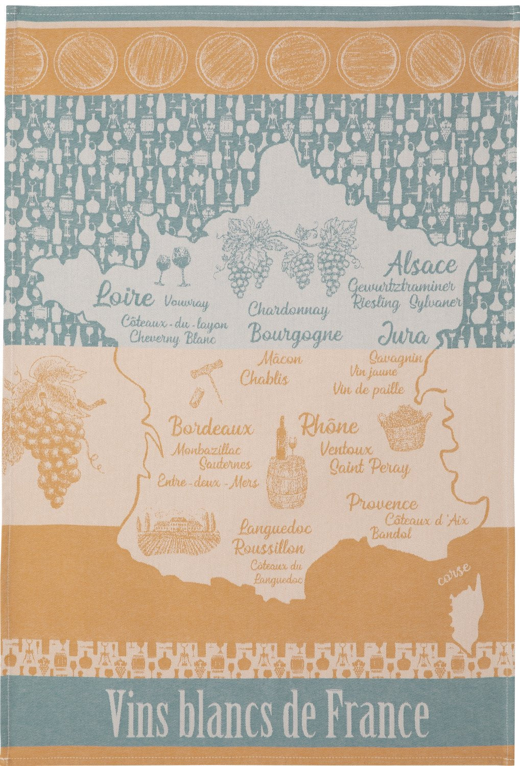 Coucke "Vins Blancs de France", Woven cotton tea towel. Designed in France.