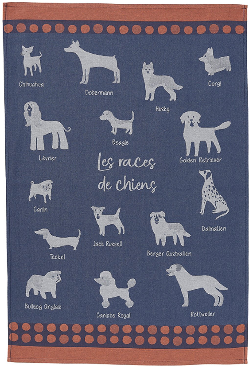 Coucke "Les Races de Chiens", Woven cotton tea towel. Designed in France.