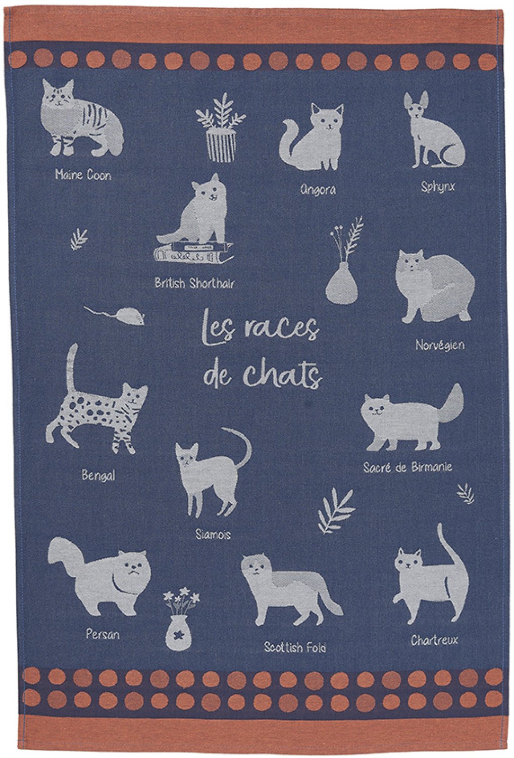 Coucke "Les Races de Chats", Woven cotton tea towel. Designed in France.