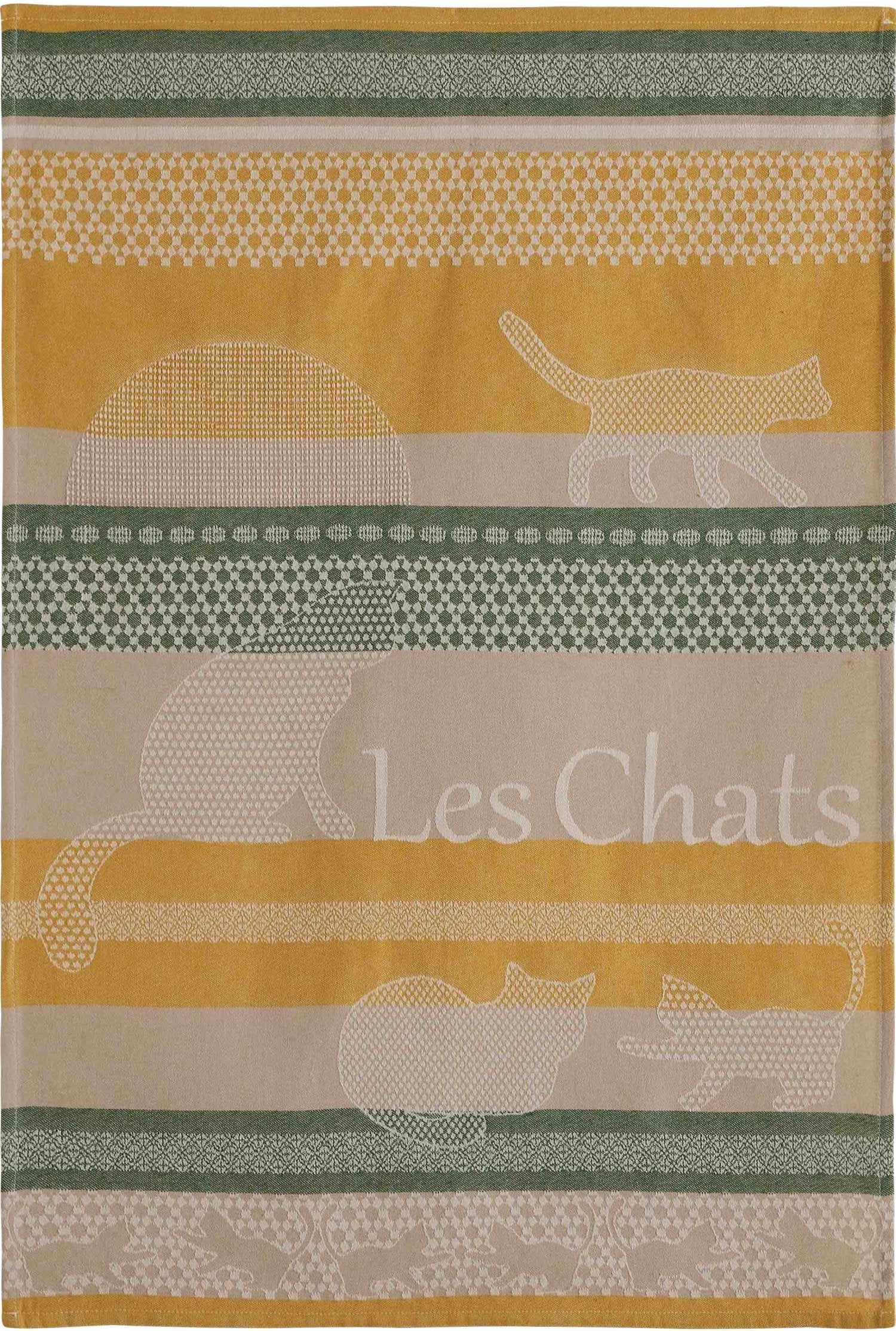 Coucke “Les Chats - Vert", Woven cotton tea towel. Designed in France.