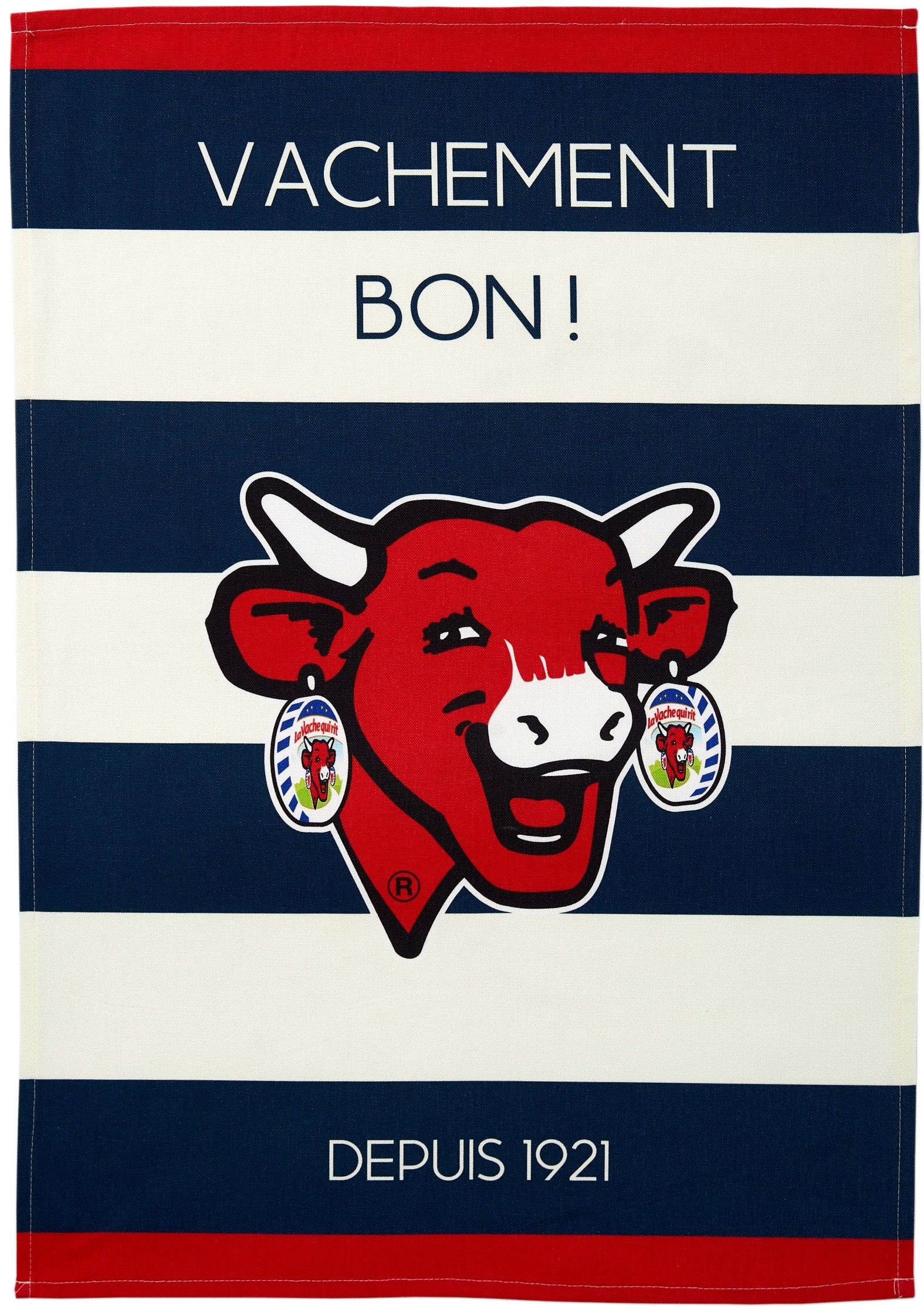 Coucke "La Vache Qui Rit Raye Bleu", Printed cotton tea towel.