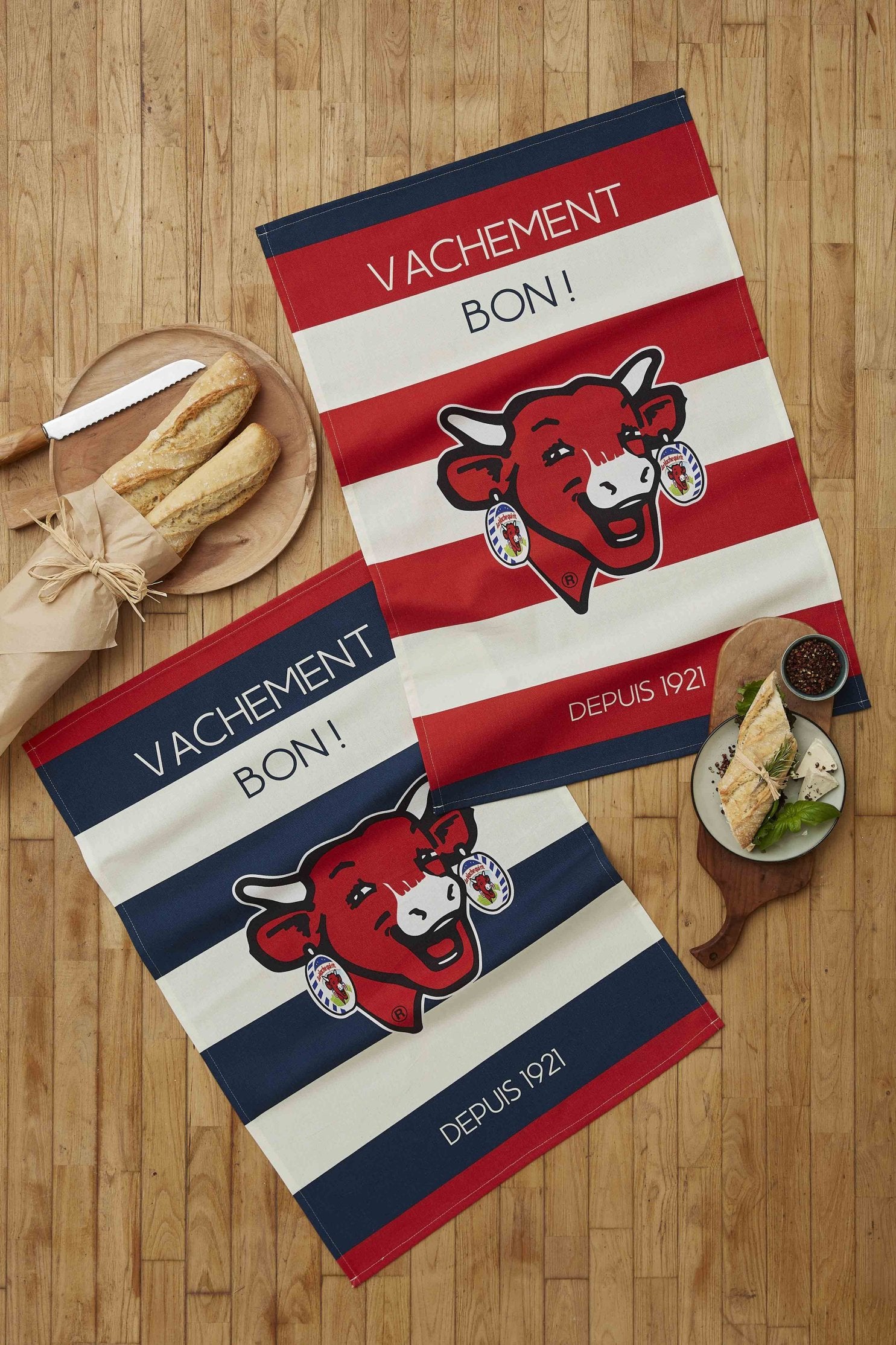 Coucke "La Vache Qui Rit Raye Bleu", Printed cotton tea towel.
