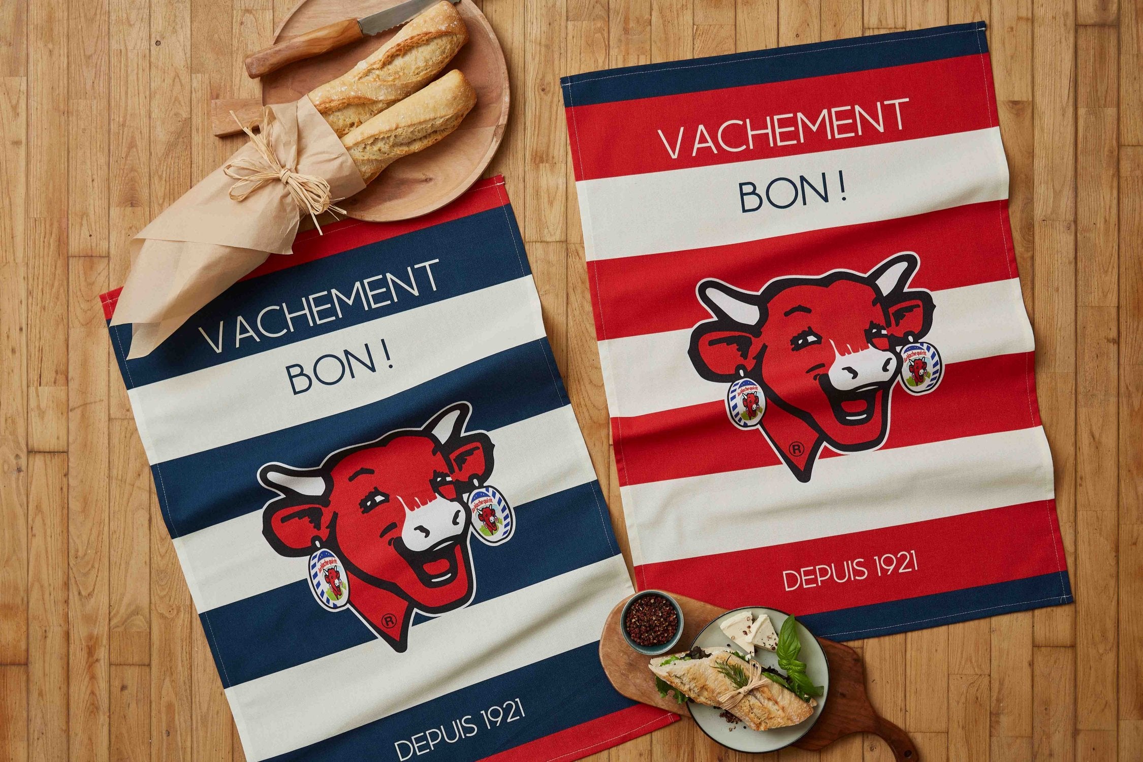 Coucke "La Vache Qui Rit Raye Rouge", Printed cotton tea towel.