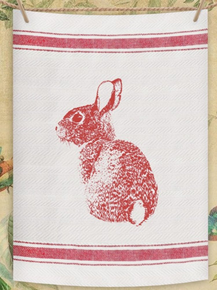 Indian Woven, “Cottontail Bunny-Red”, Cotton waffle tea towel - Home Landing
