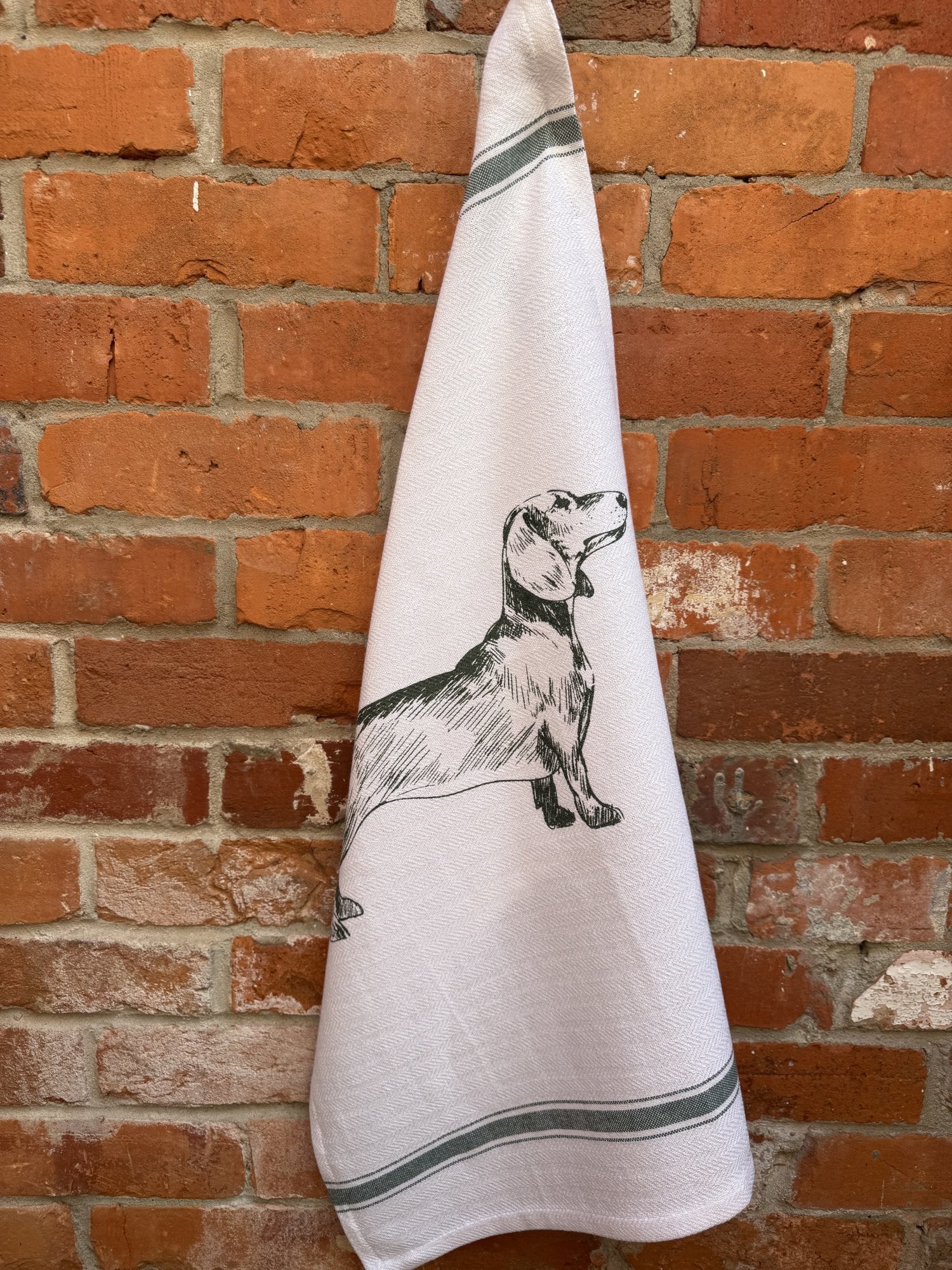 Indian Woven, “Dachshund-Green”, Cotton waffle tea towel - Home Landing