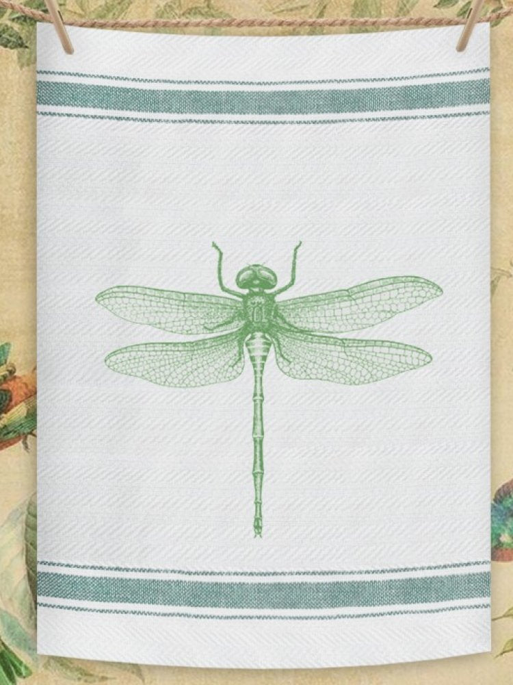 Indian Woven, “Dragonfly-Green”, Cotton waffle tea towel - Home Landing