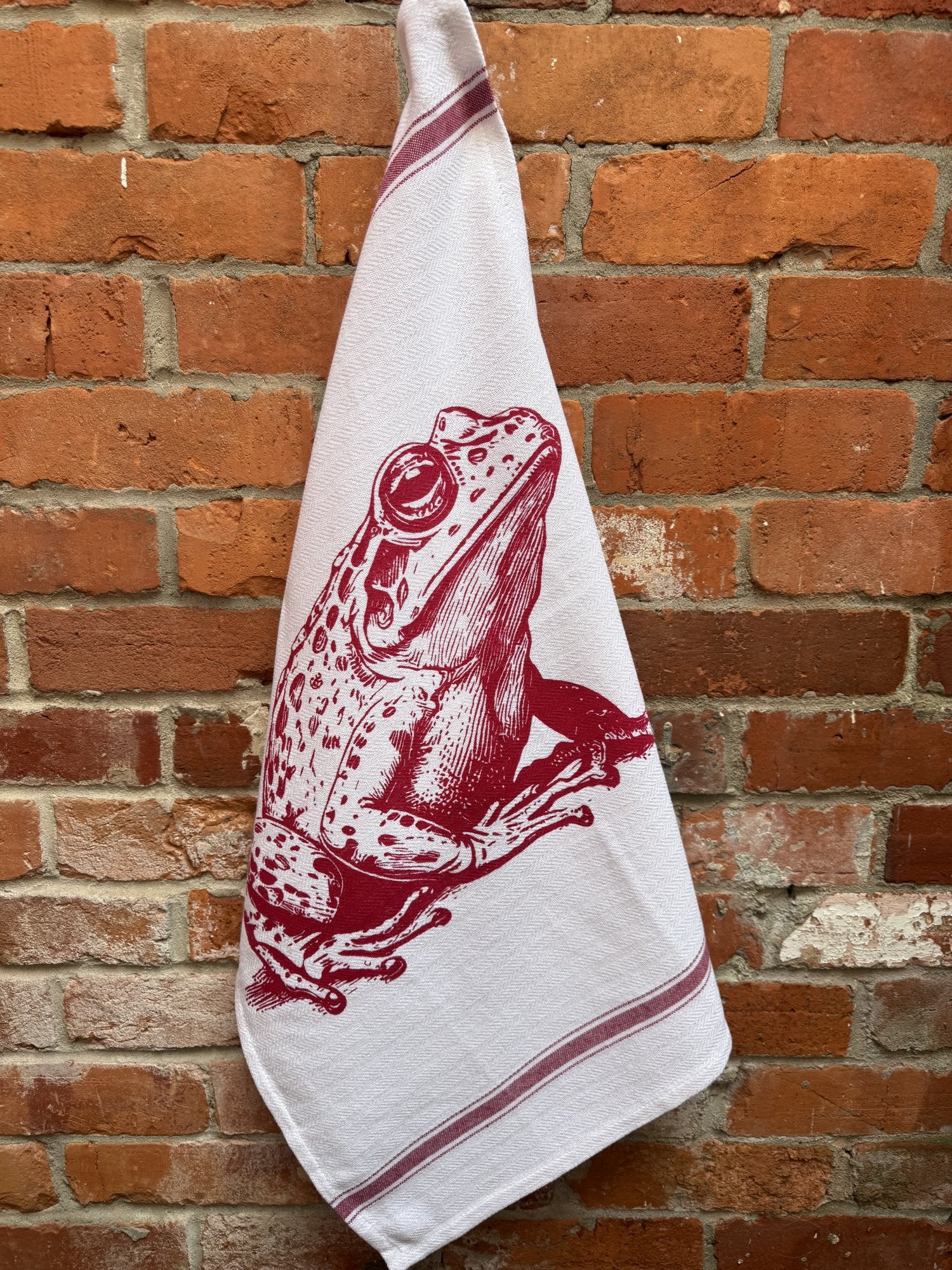 Indian Woven, “Frog-Red”, Cotton waffle tea towel - Home Landing