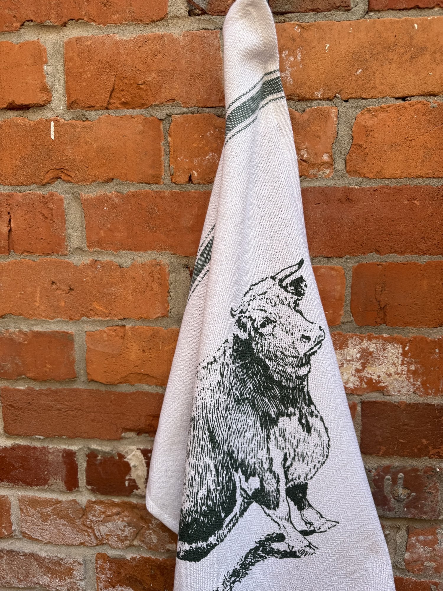 Indian Woven, “Cow-Green”, Cotton waffle tea towel - Home Landing