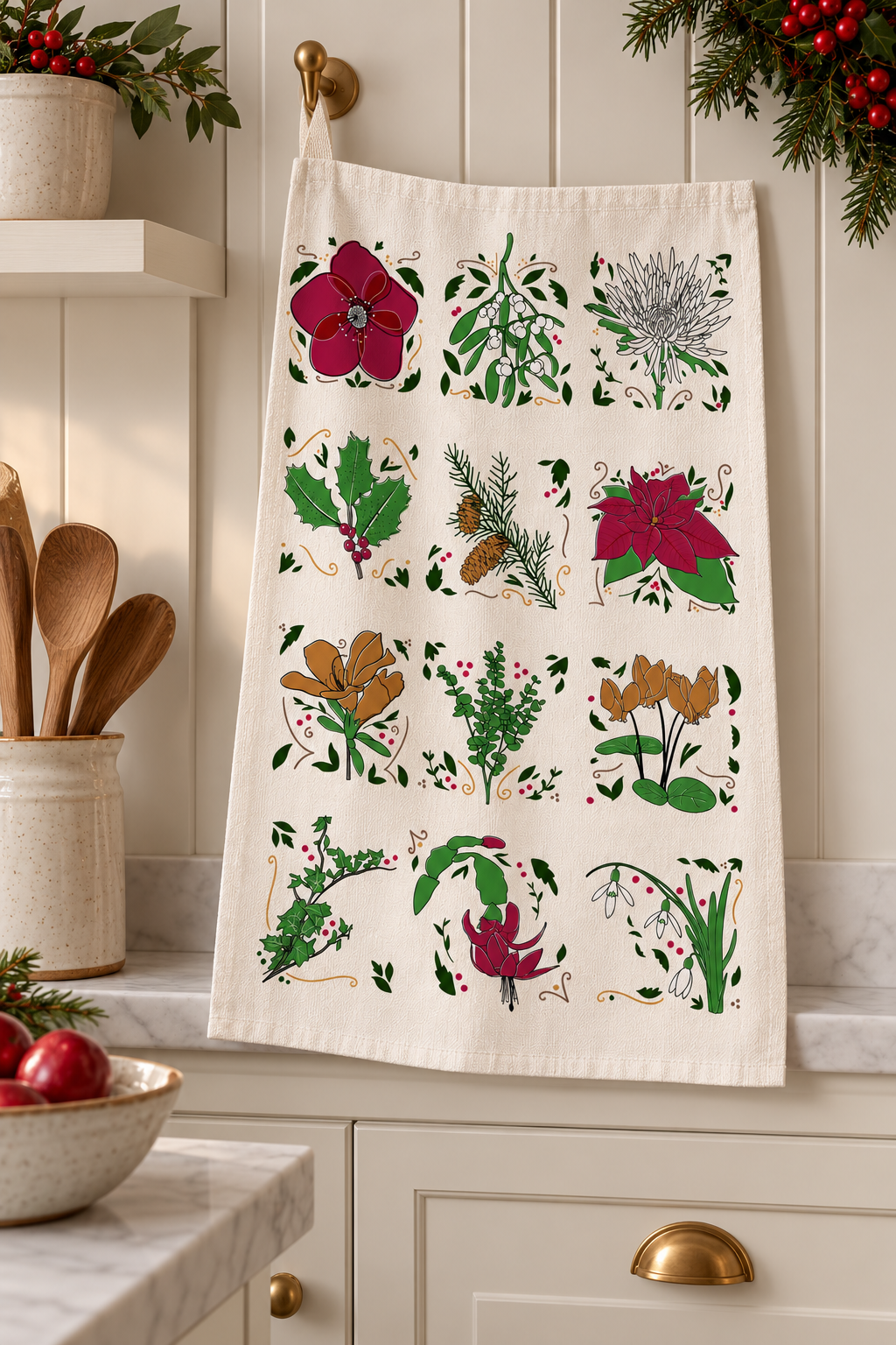 Home-Landing, “12 Florals of Christmas”, Linen union tea towel. UK printed.