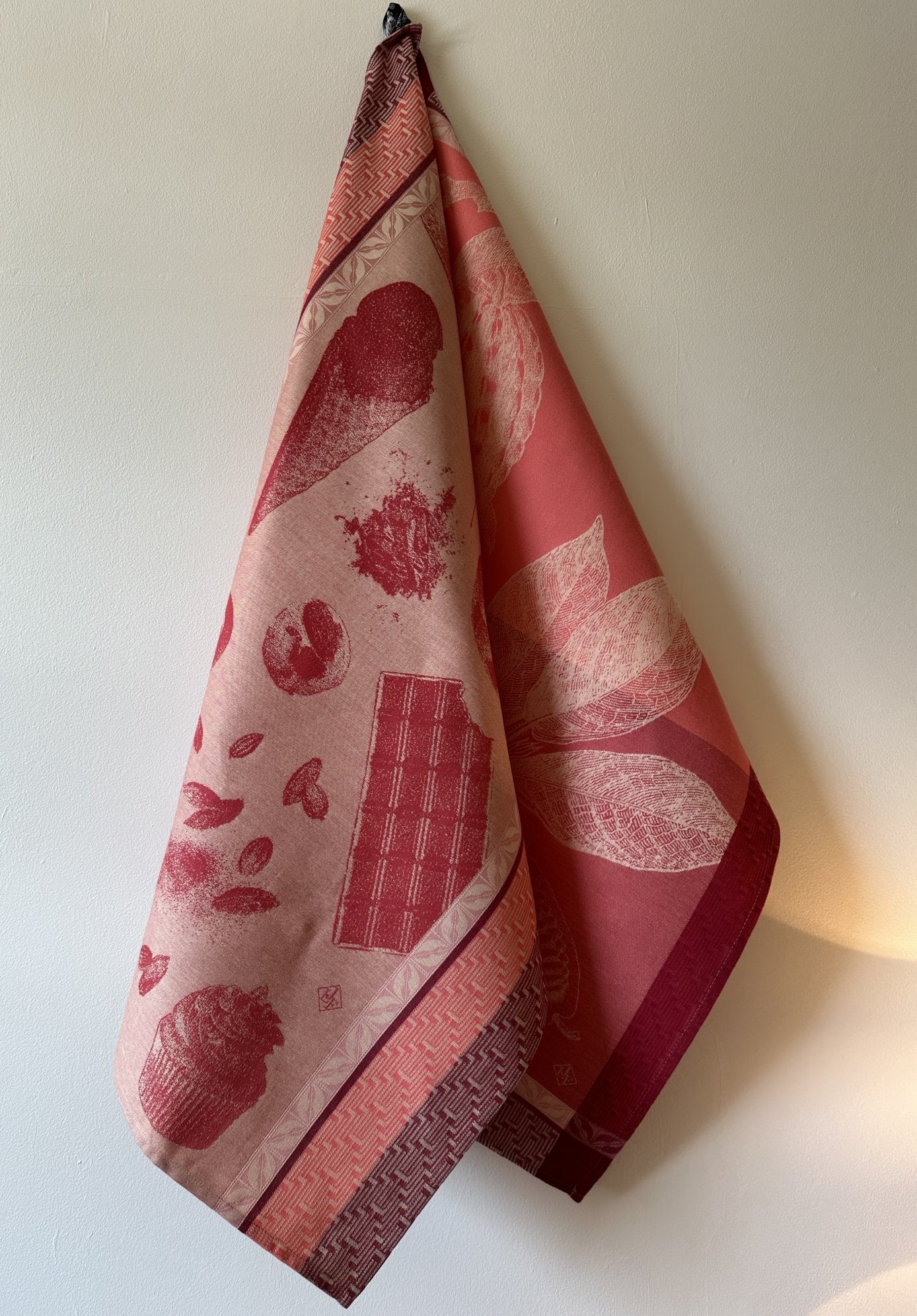 Jacquard Francais "Chocolates - Fève" (Pink), Woven cotton tea towel. Made in France.