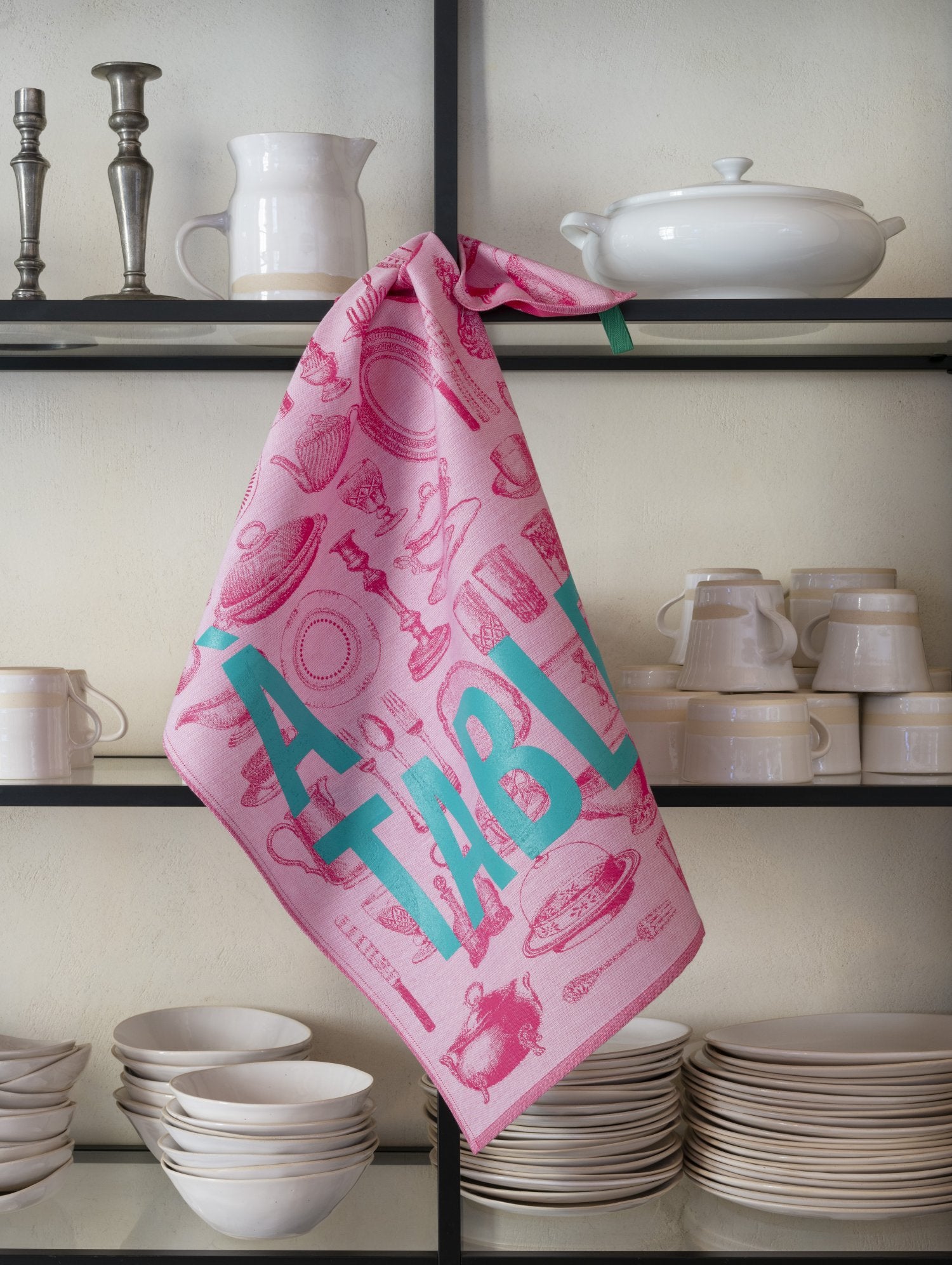 Jacquard Francais " A Table" (Grey), Woven cotton tea towel. Made in France.