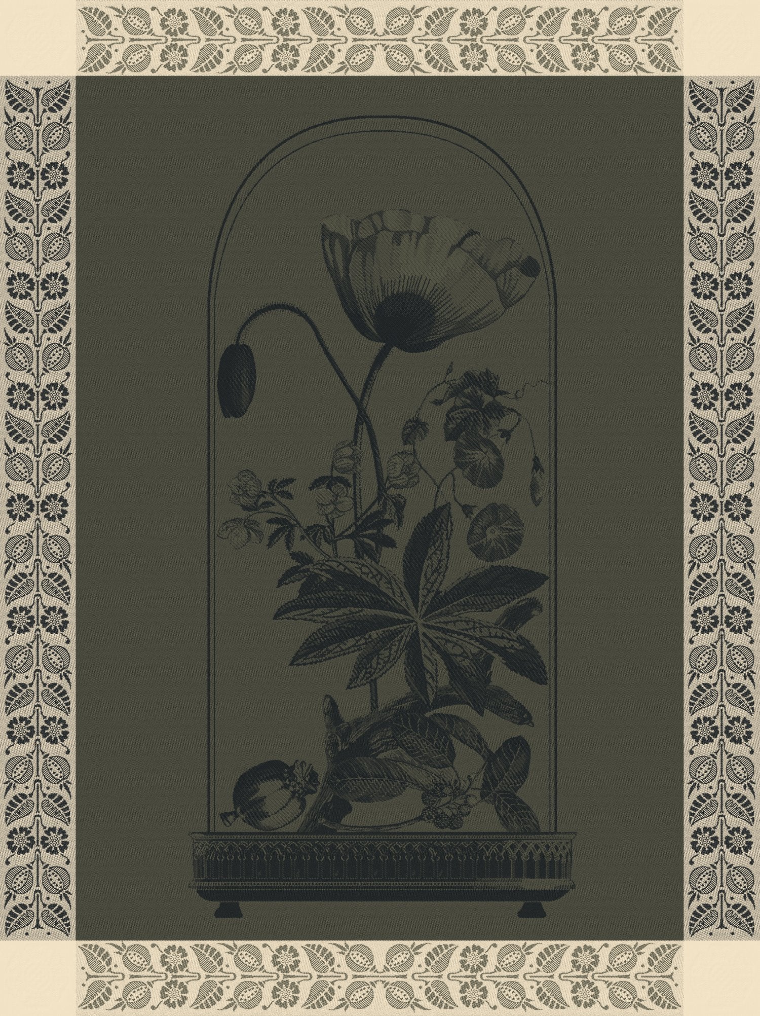 Jacquard Francais "Curiosites - Florale" (Green), Woven cotton tea towel. Made in France.