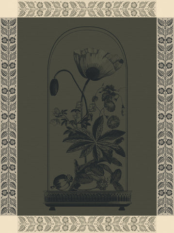 Jacquard Français "Curiosites - Florale" (Green), Woven cotton tea towel. Made in France.