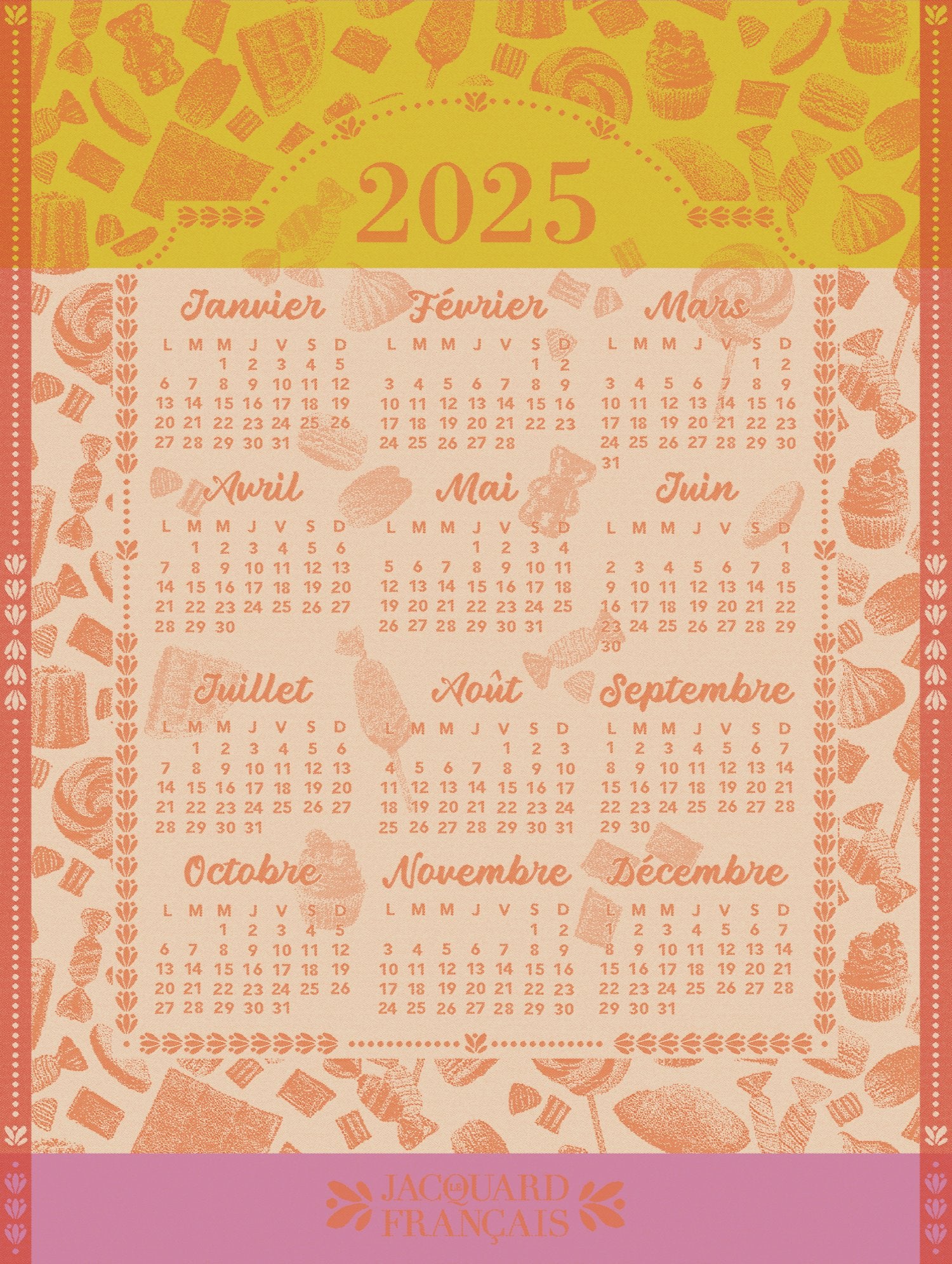 Jacquard Francais "Calendrier Gormandises 2025" (Orange), Woven cotton tea towel. Made in France.