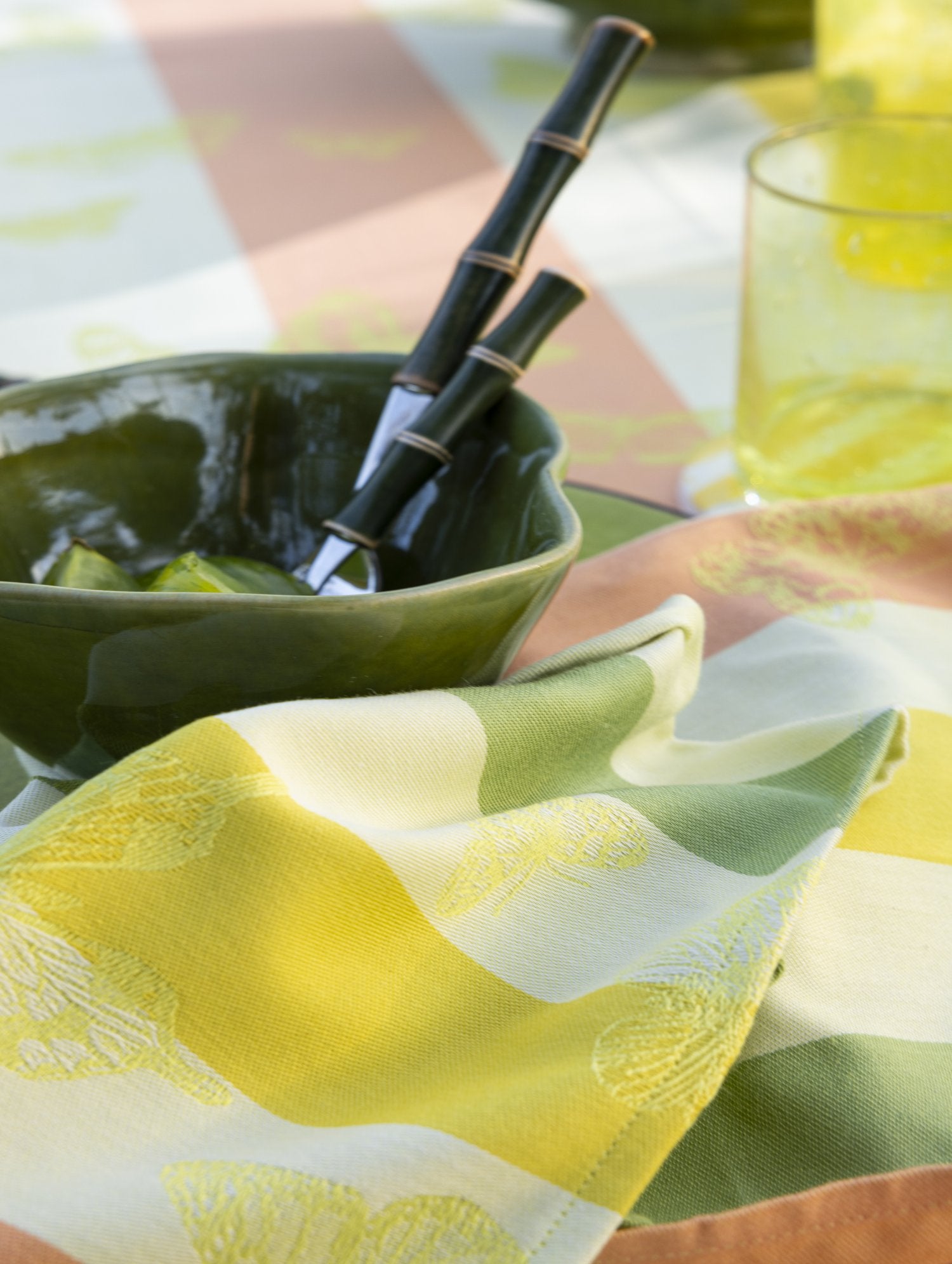 Jacquard Français "Bal Des Papillons” (Yellow), Woven cotton table runner. France.