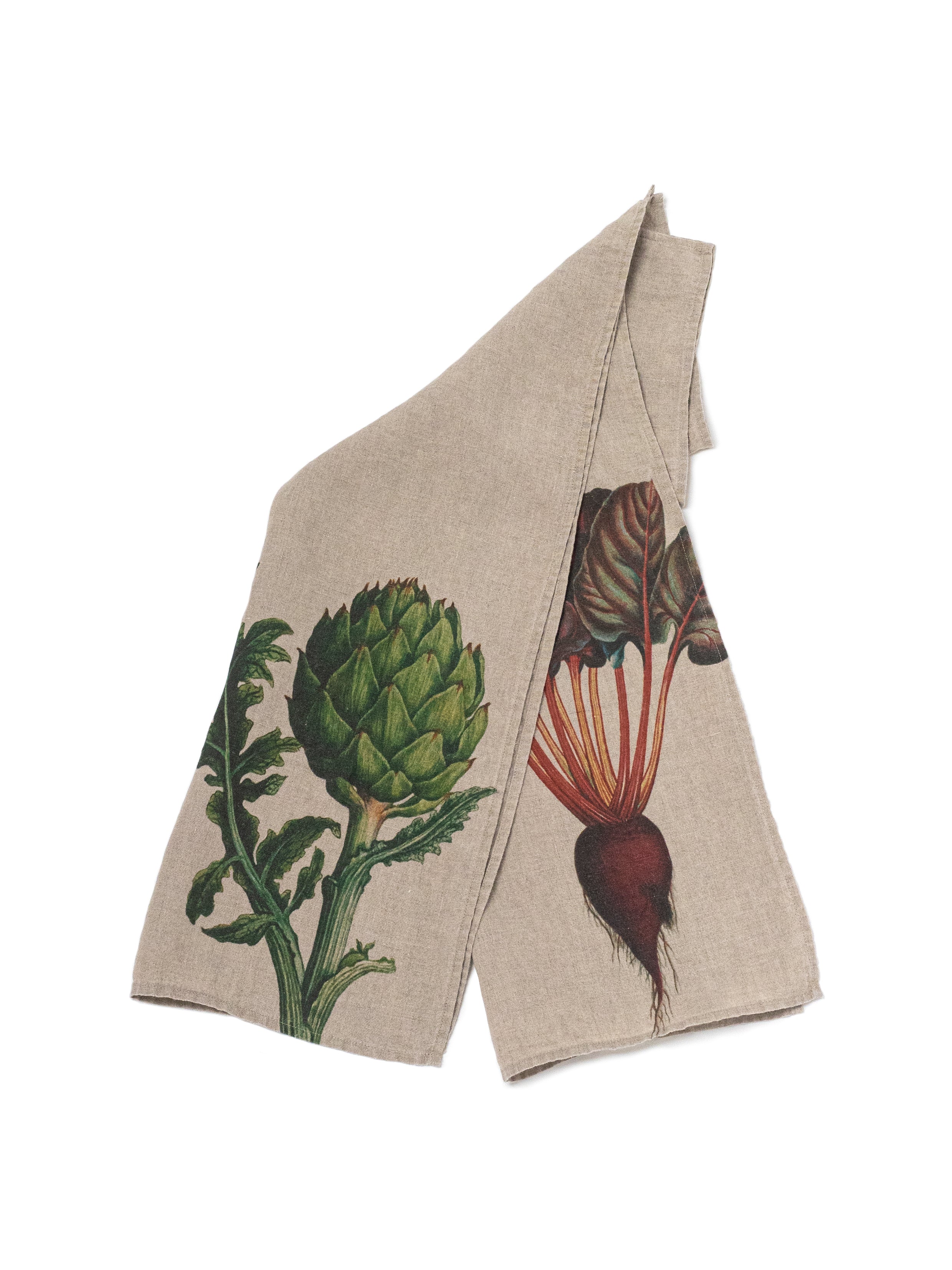 Linoroom “Artichoke & Beetroot,” Pair of linen printed tea towels.