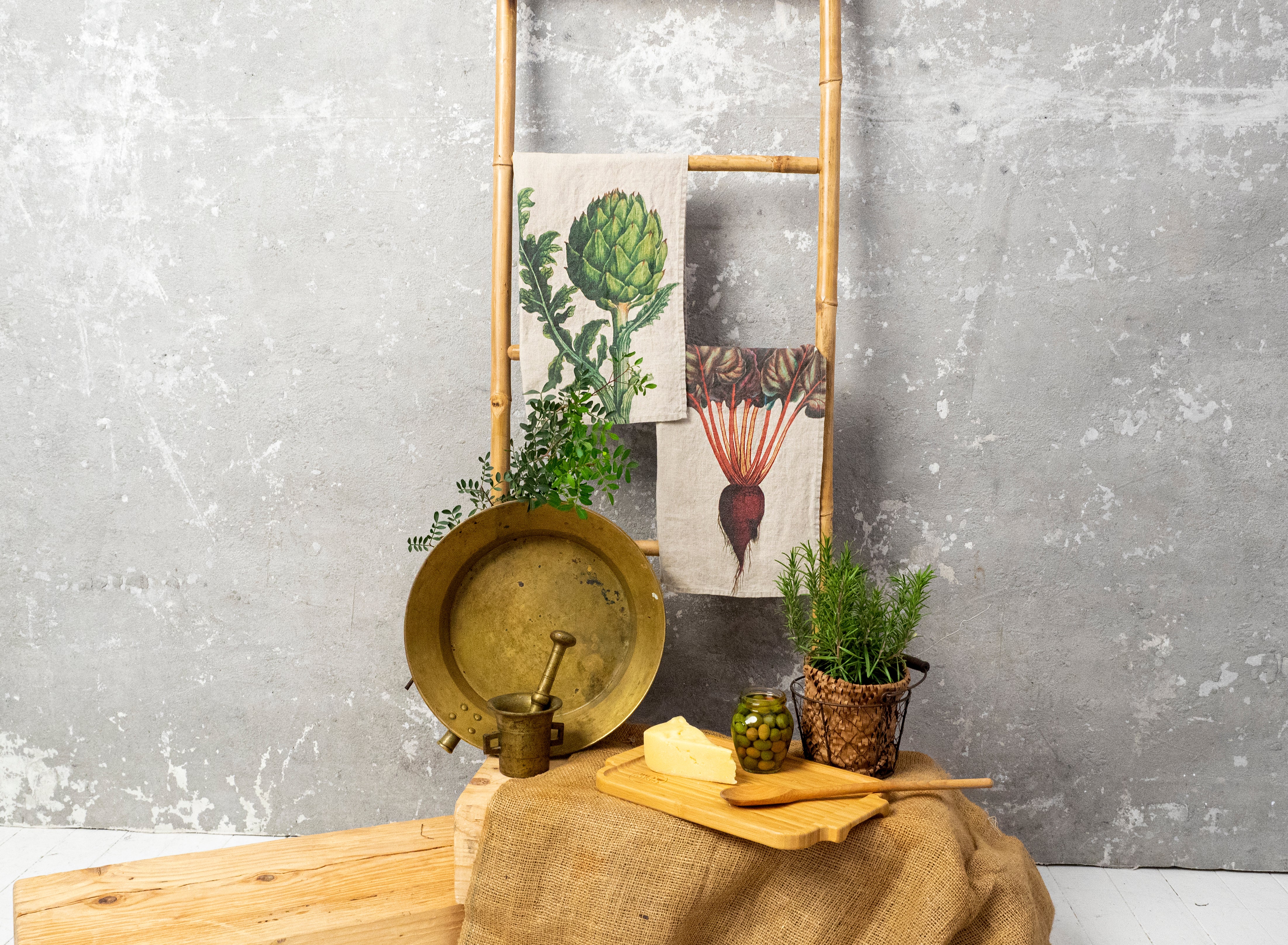Linoroom “Artichoke & Beetroot,” Pair of linen printed tea towels.