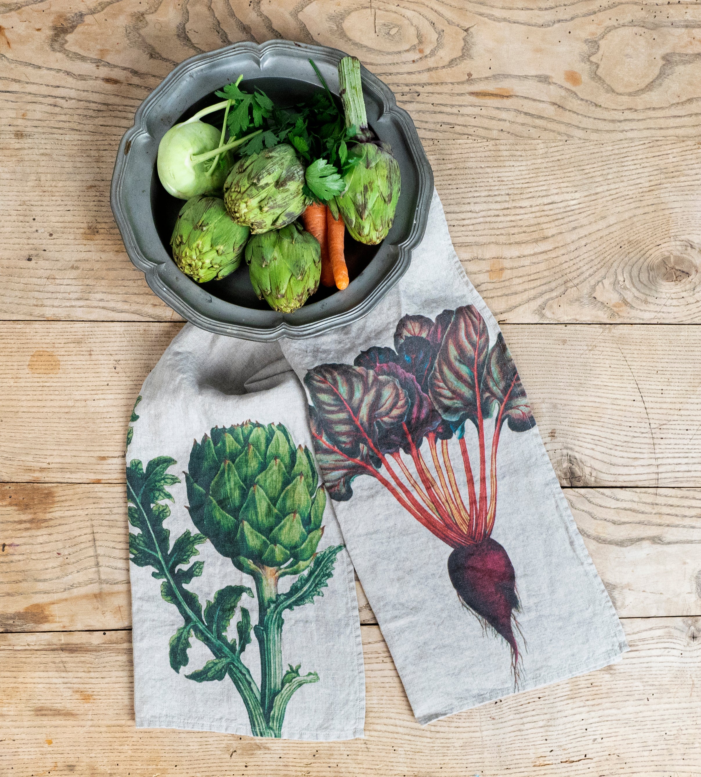 Linoroom “Artichoke & Beetroot,” Pair of linen printed tea towels.