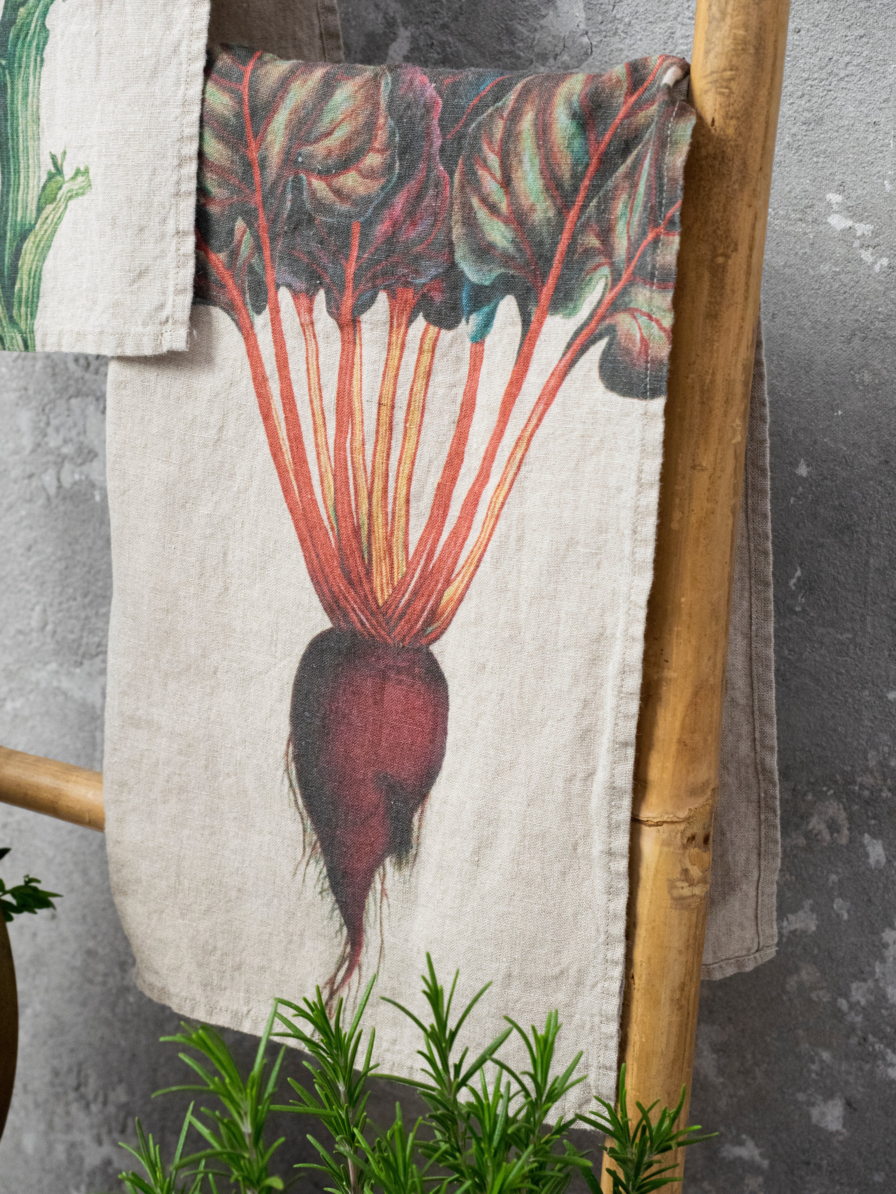 Linoroom “Artichoke & Beetroot,” Pair of linen printed tea towels.
