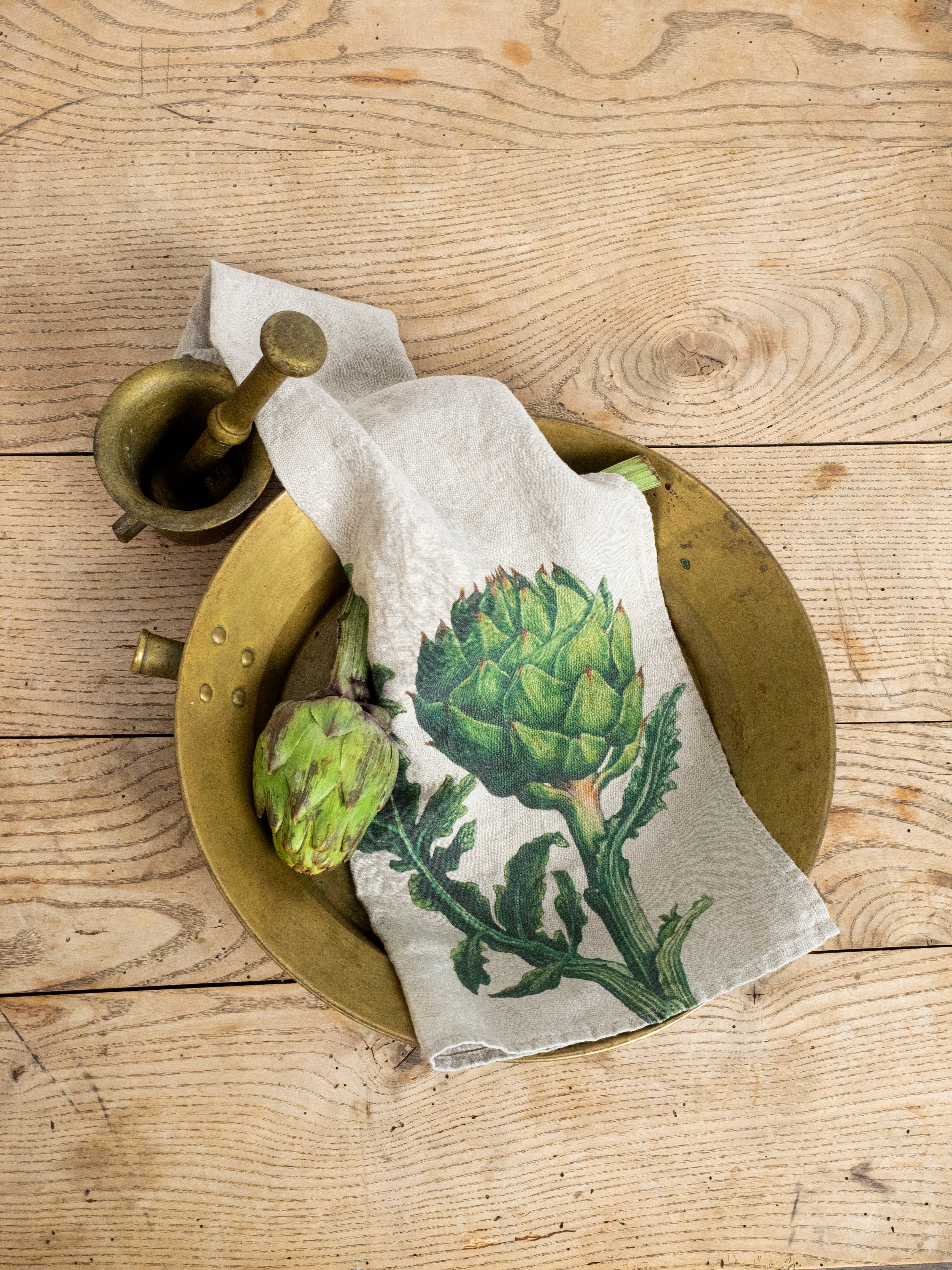 Linoroom “Artichoke & Beetroot,” Pair of linen printed tea towels.