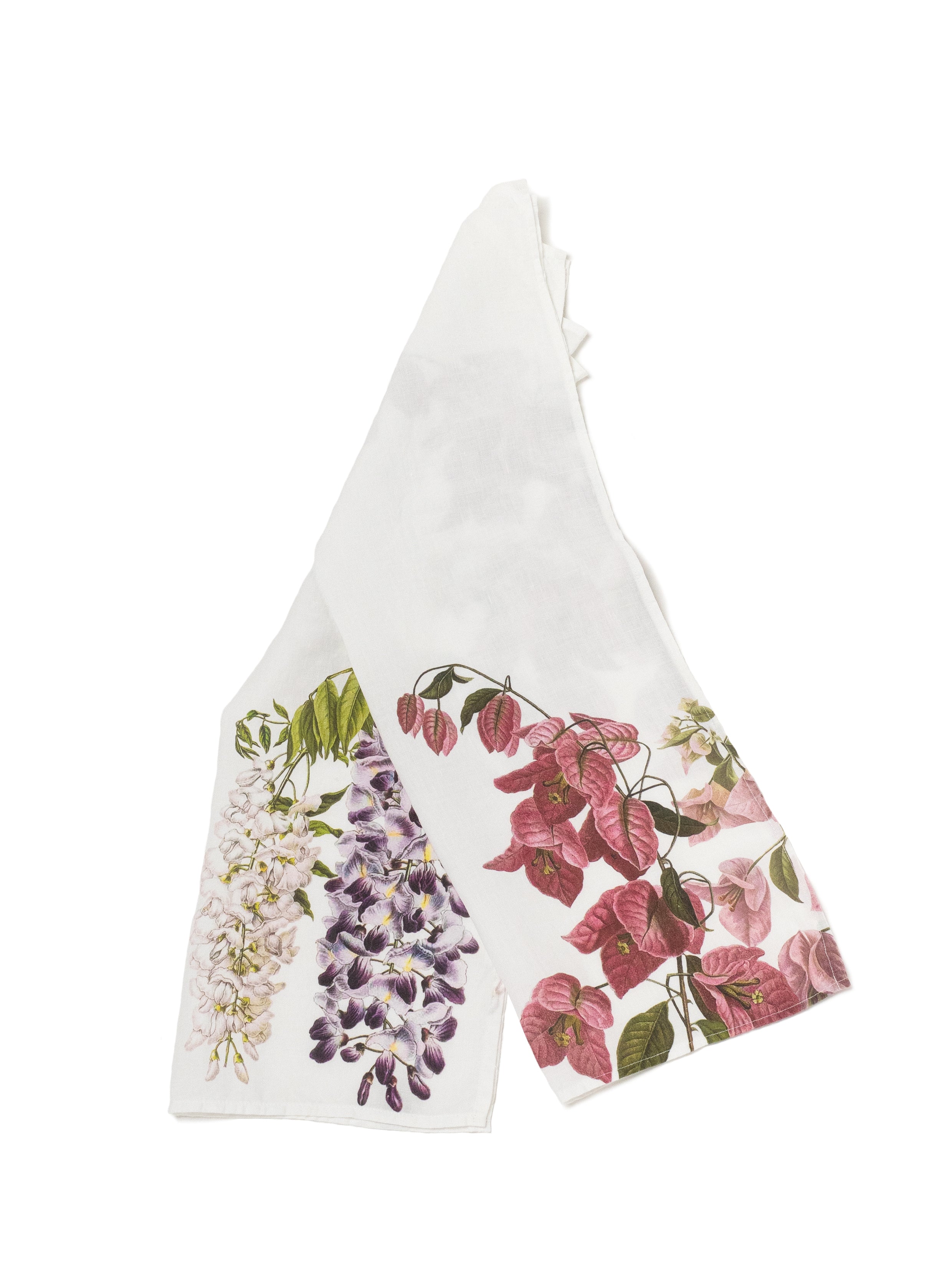 Linoroom “Bougainvillea & Wisteria,” Pair of linen printed tea towels.